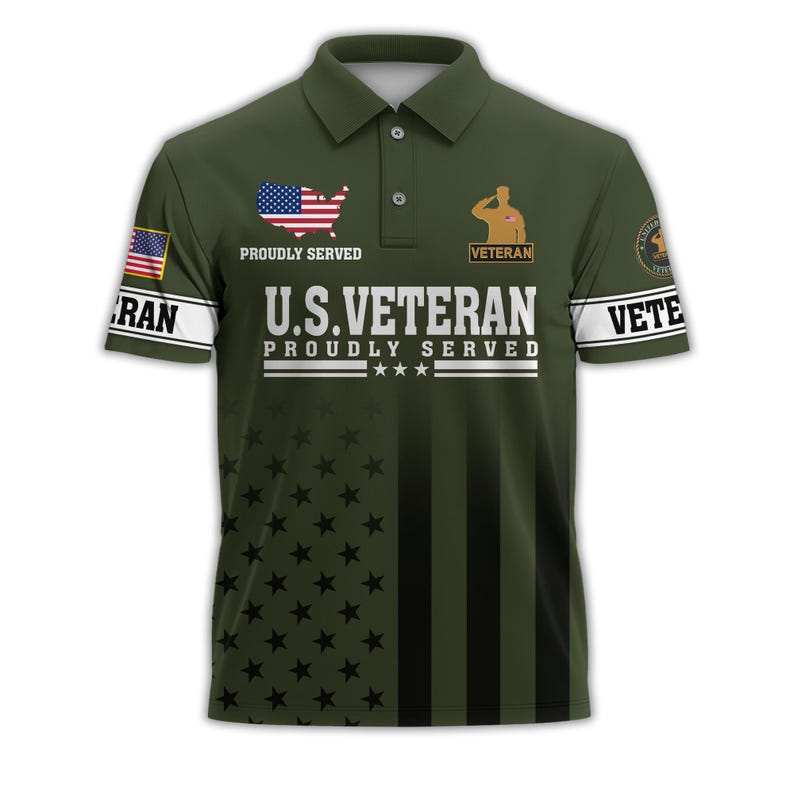 U.S. Veteran Proudly Served Patriotic Golf Polo Shirt | American Flag Star Stripe Short Sleeve Polo for Men