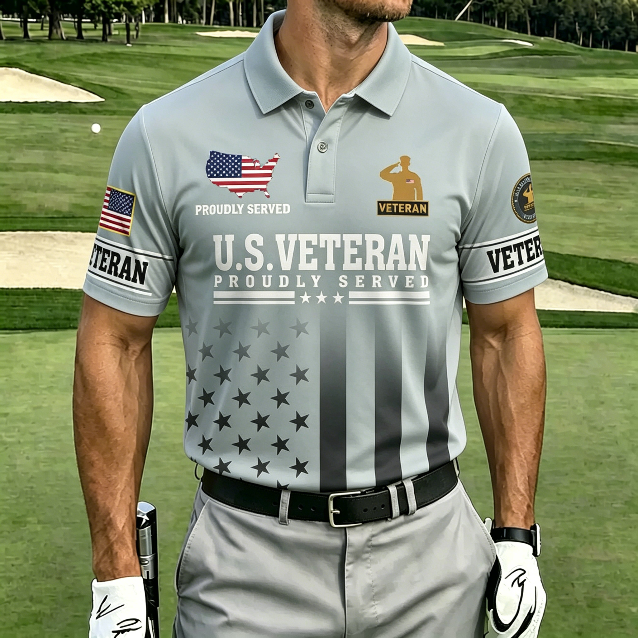 U.S. Veteran Proudly Served Patriotic Golf Polo Shirt | American Flag Star Stripe Short Sleeve Polo for Men
