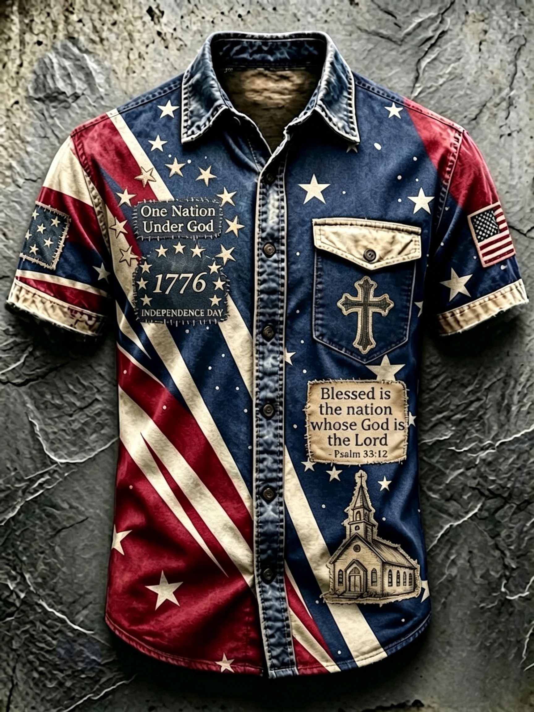 Men Vintage Star Stripe Religious Cross Graphic Short Sleeve Button Down Denim Shirt