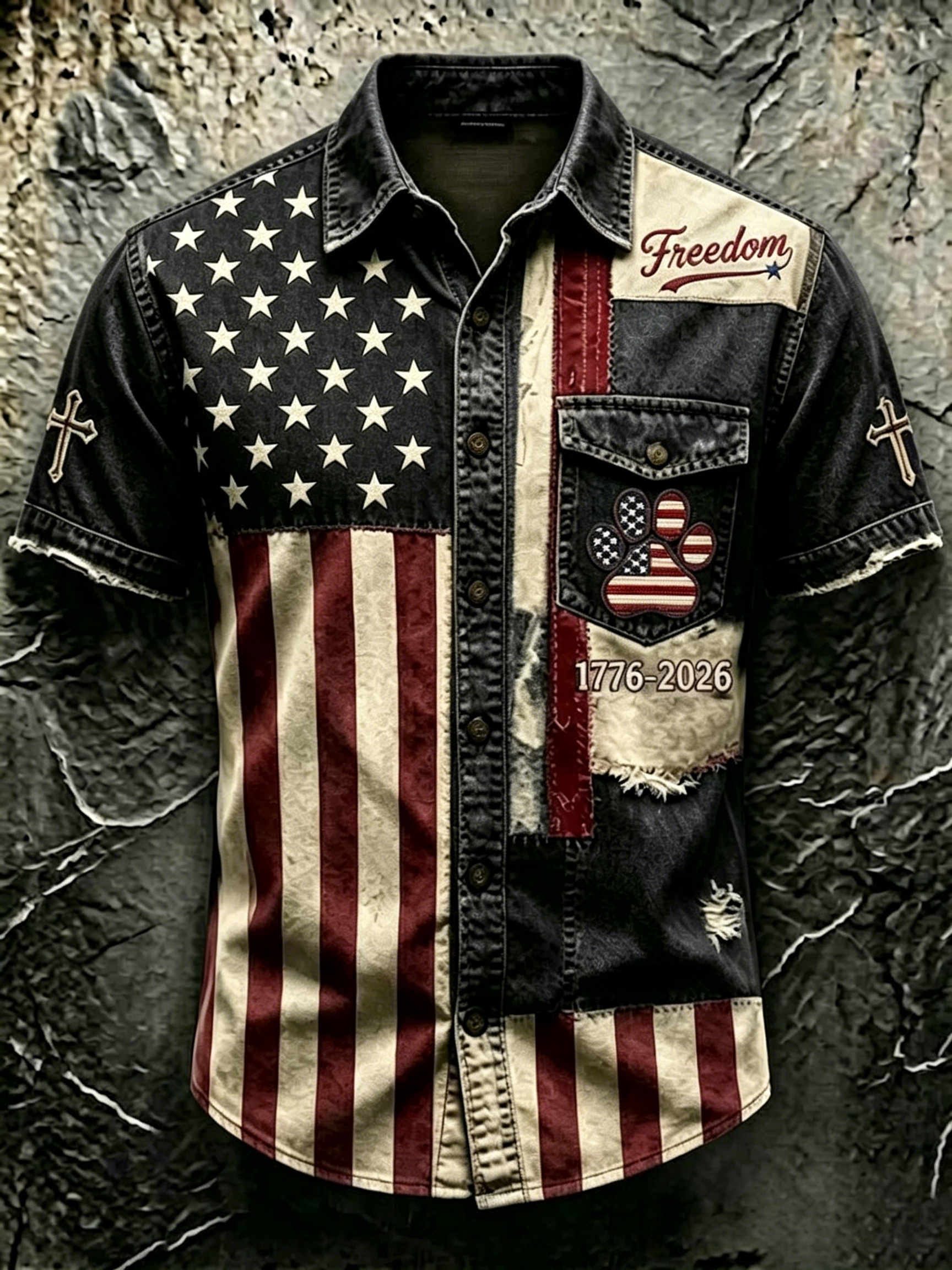 [Copy]Frayed Edge Camo Patriotic Letter Print Lapel Collar Casual Denim Shirt For Men