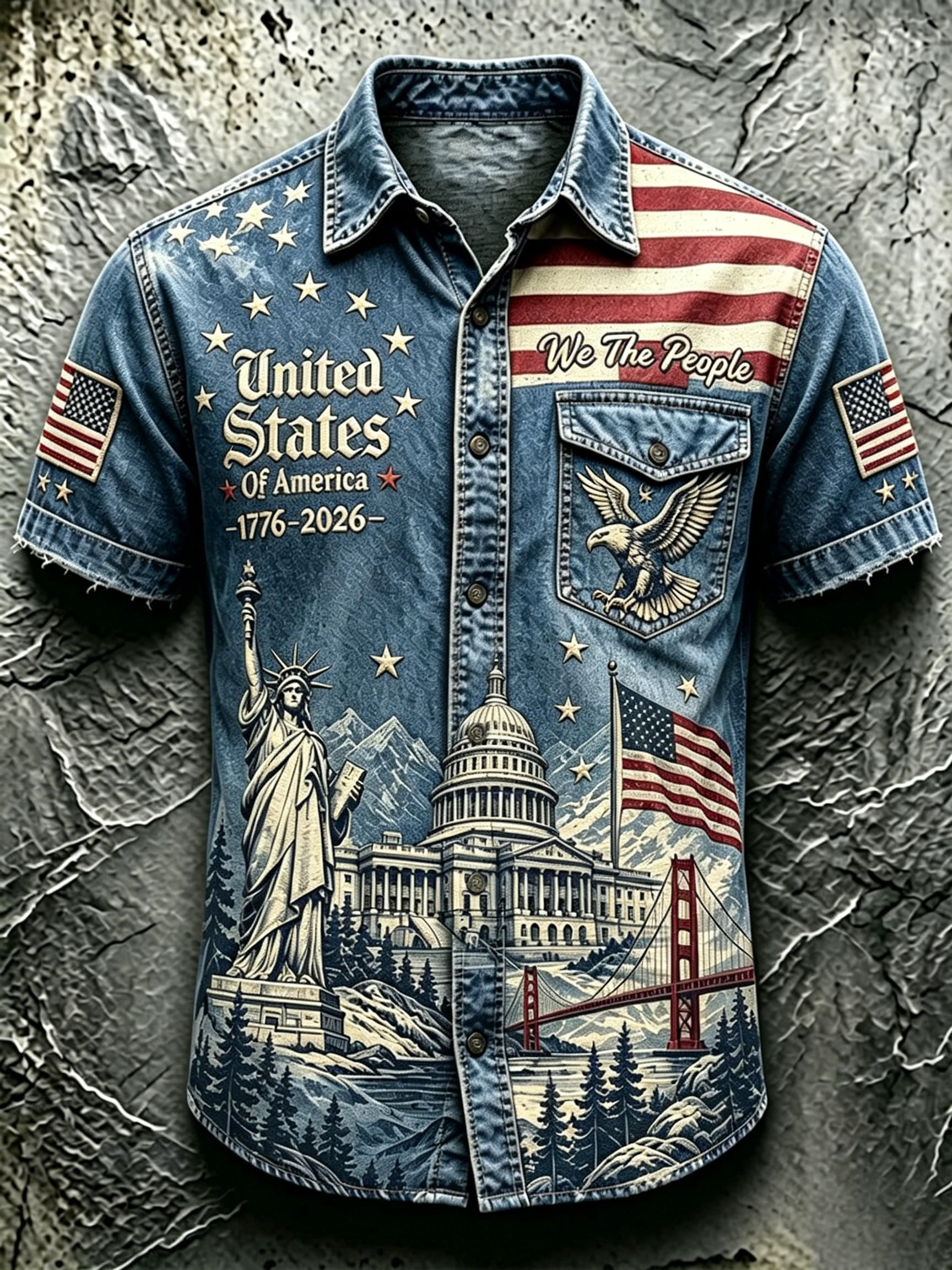 Men Vintage Statue Of Liberty Eagle Landscape Graphic Short Sleeve Denim Shirt