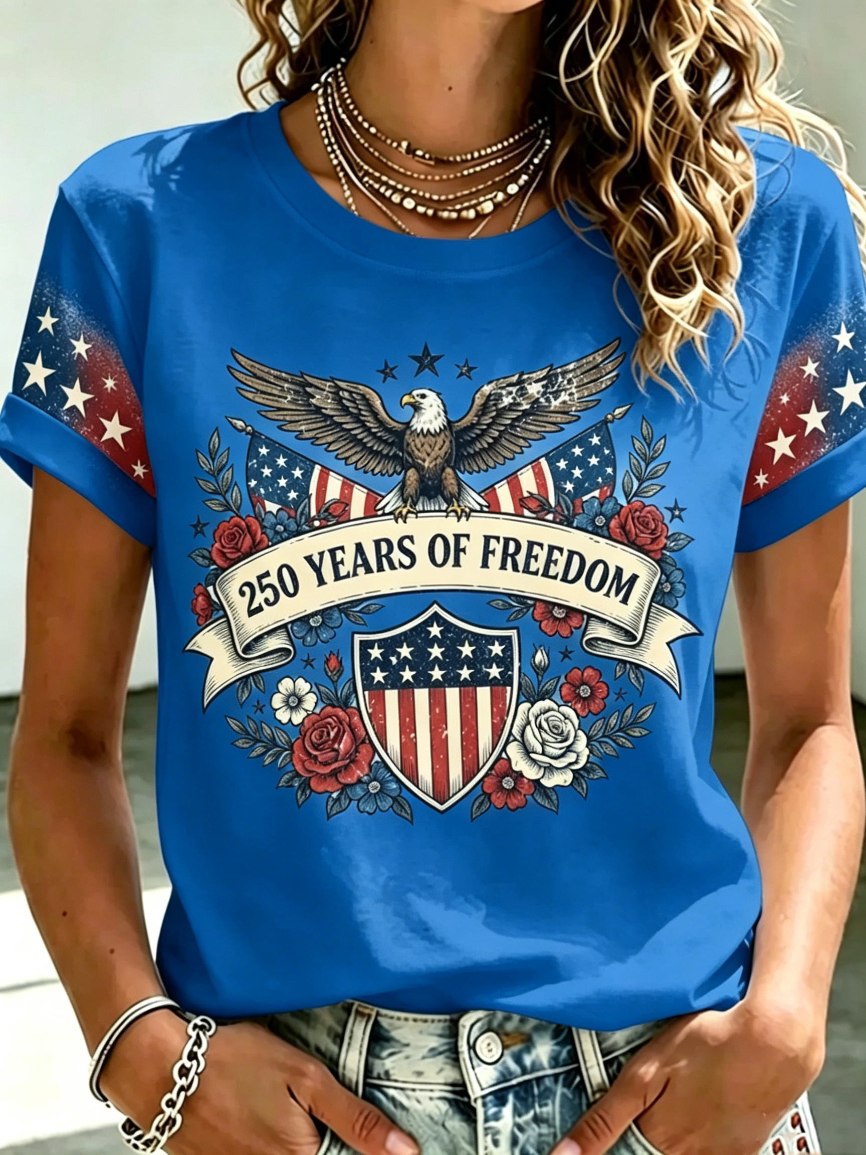 [Copy]Distressed Denim Style Patriotic Eagle Wing Print Ladies Loose Fit Curved Hem Top