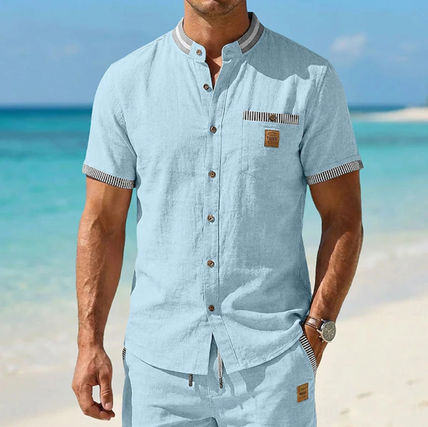 Men’s Striped Contrast Trim Mandarin Collar Linen Short Sleeve Shirt