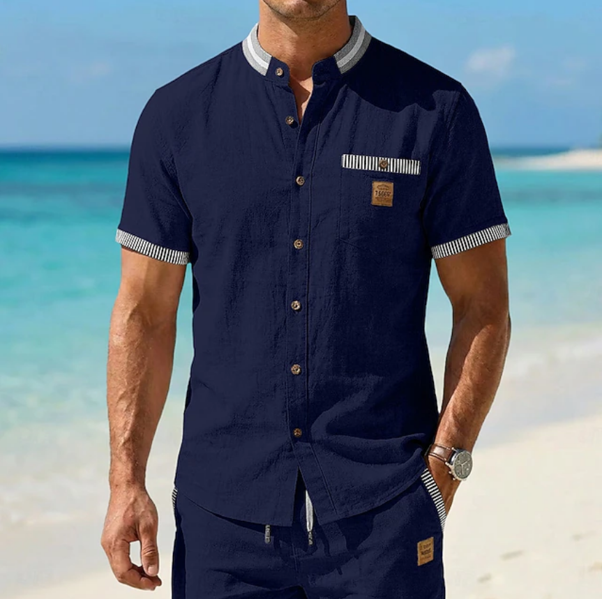Men’s Striped Contrast Trim Mandarin Collar Linen Short Sleeve Shirt