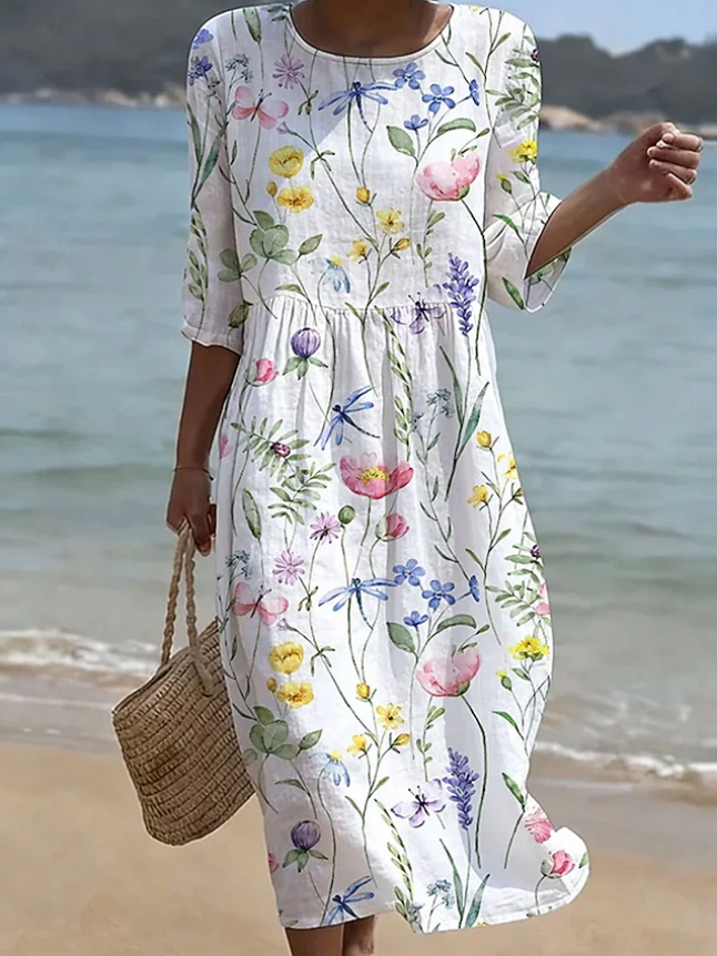 Women's Watercolor Floral Dragonfly Print Three Quarter Sleeve Midi Dress