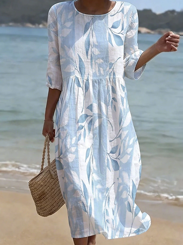 Women's Watercolor Floral Dragonfly Print Three Quarter Sleeve Midi Dress