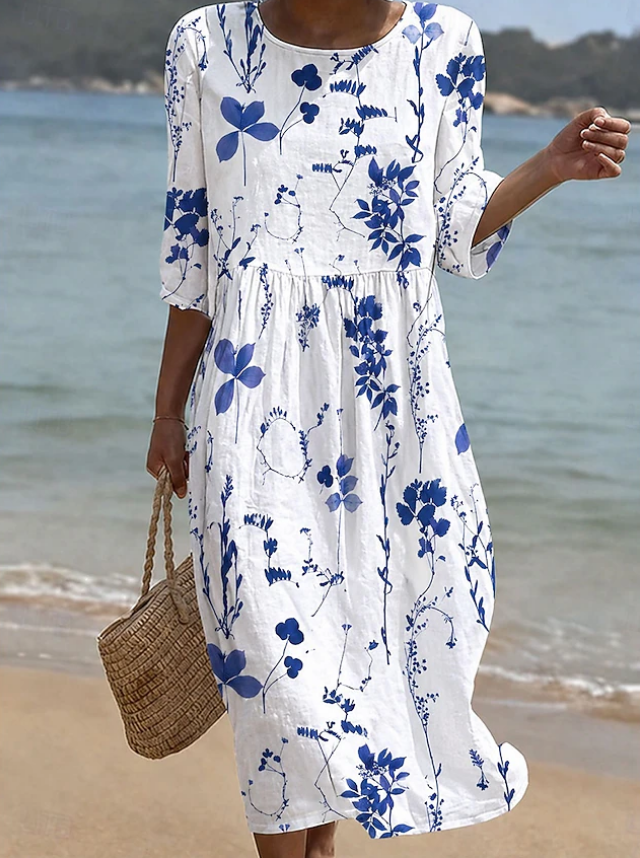 Women's Watercolor Floral Dragonfly Print Three Quarter Sleeve Midi Dress