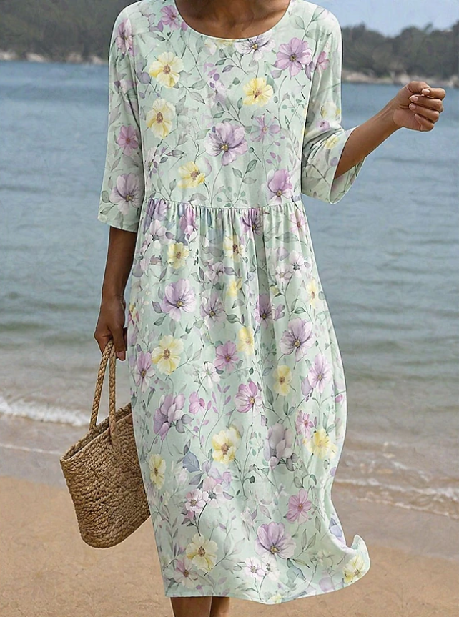 Women's Watercolor Floral Dragonfly Print Three Quarter Sleeve Midi Dress