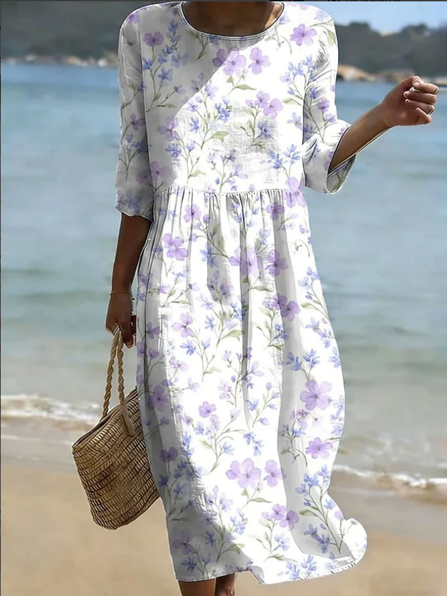 Women's Watercolor Floral Dragonfly Print Three Quarter Sleeve Midi Dress