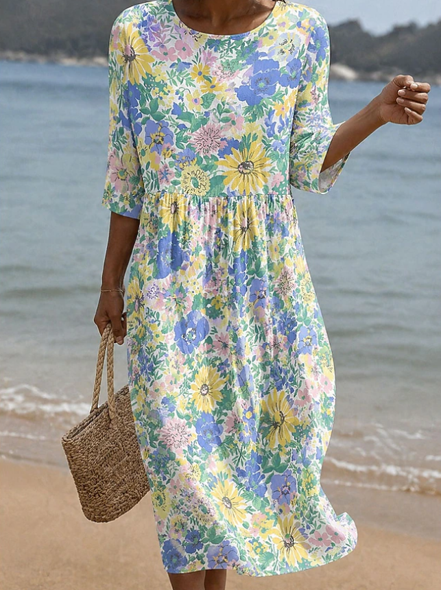 Women's Watercolor Floral Dragonfly Print Three Quarter Sleeve Midi Dress