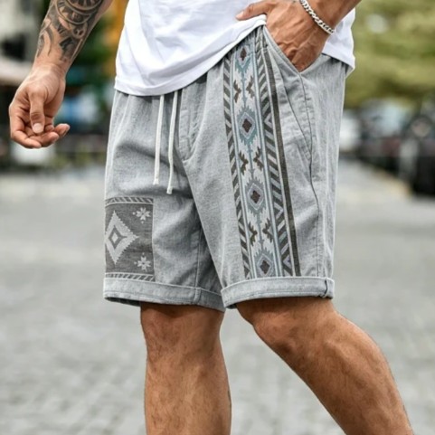 Men's Ethnic Geometric Print Drawstring Denim Casual Shorts