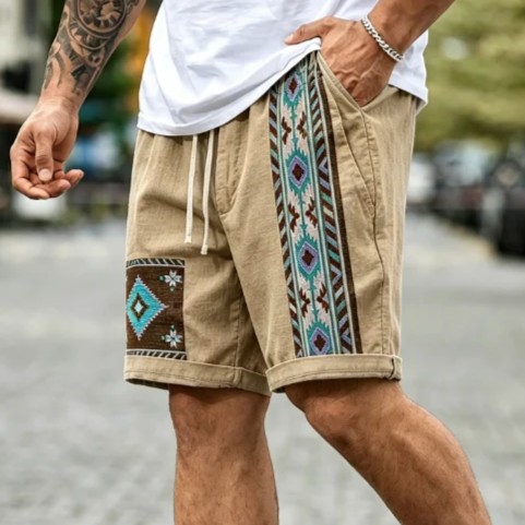 Men's Ethnic Geometric Print Drawstring Denim Casual Shorts