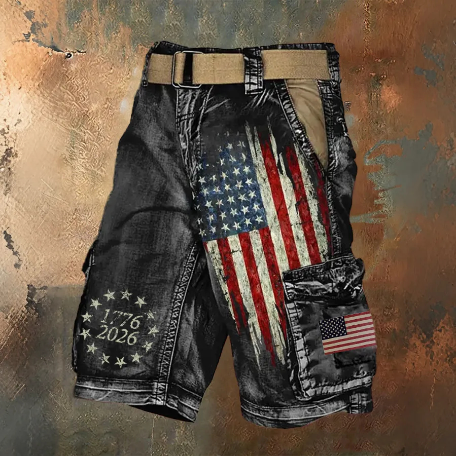 Vintage American Flag Print Cargo Shorts, Patriotic 1776-2026 Distressed Casual Shorts