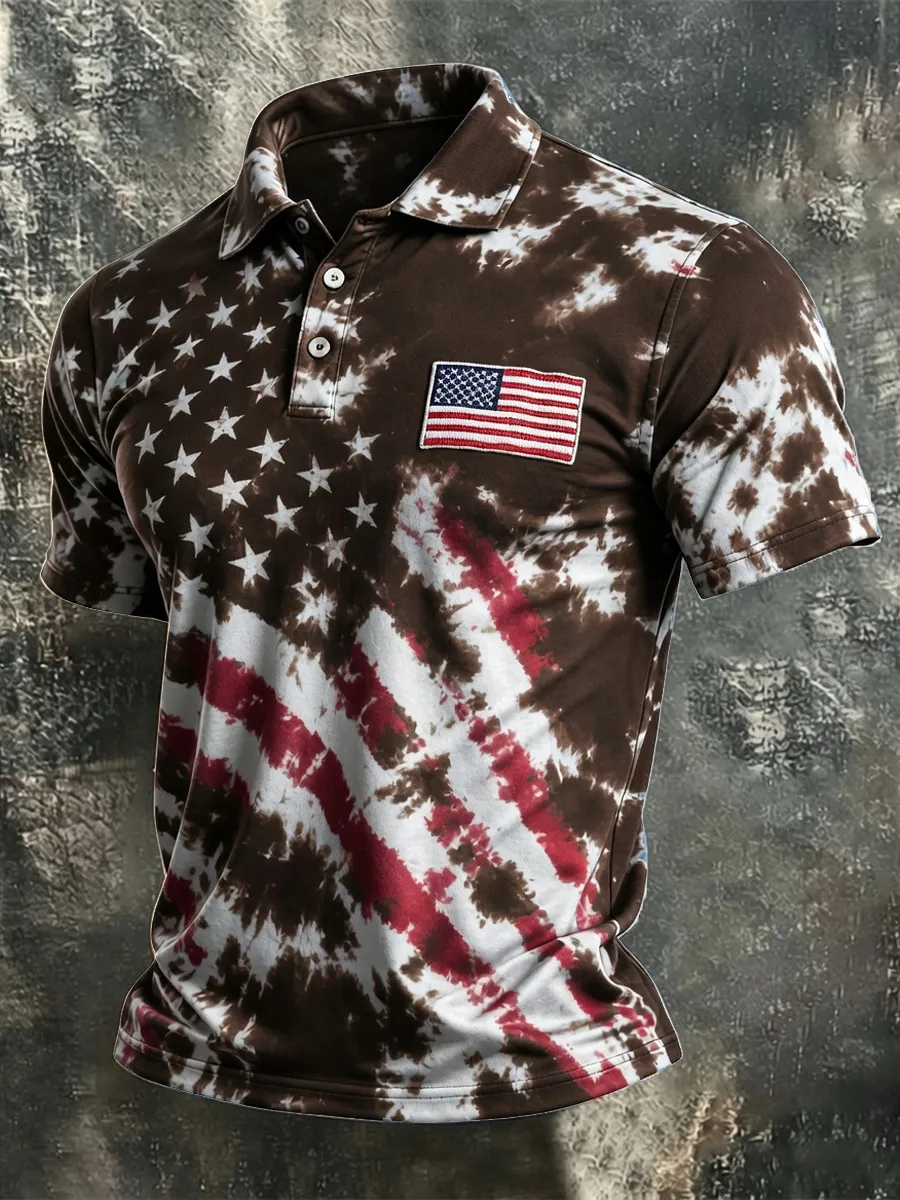 [Copy]Men's Vintage USA Flag 1776-2026 Short-Sleeve Button-Down Shirt - Patriotic "We The People" Print