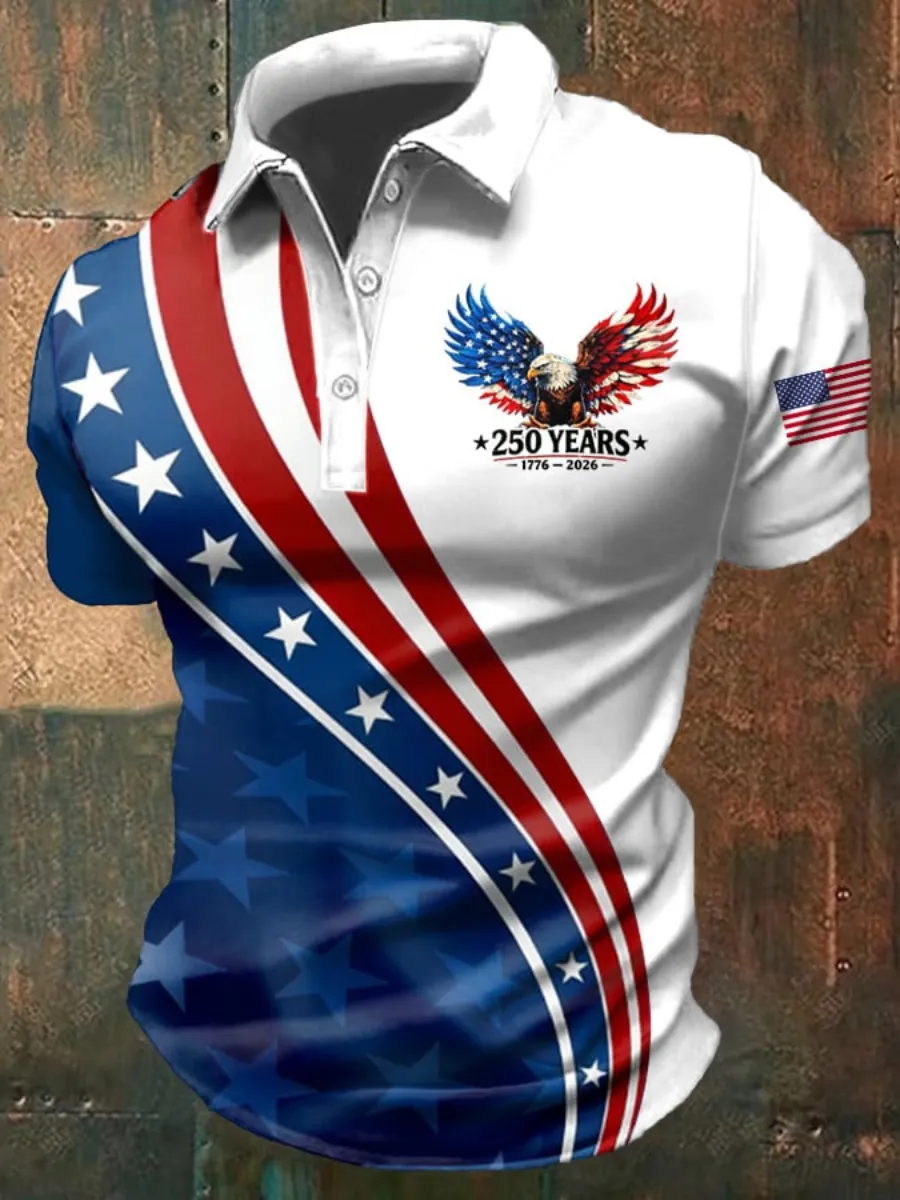 American Eagle Flag Print Polo Shirt, Patriotic Star Stripe Design Casual Short