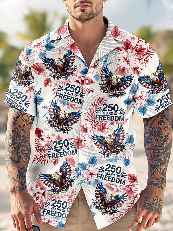 Patriotic USA Eagle Flag Print Camp Collar Shirt, Star & Firework Casual Aloha Shirt