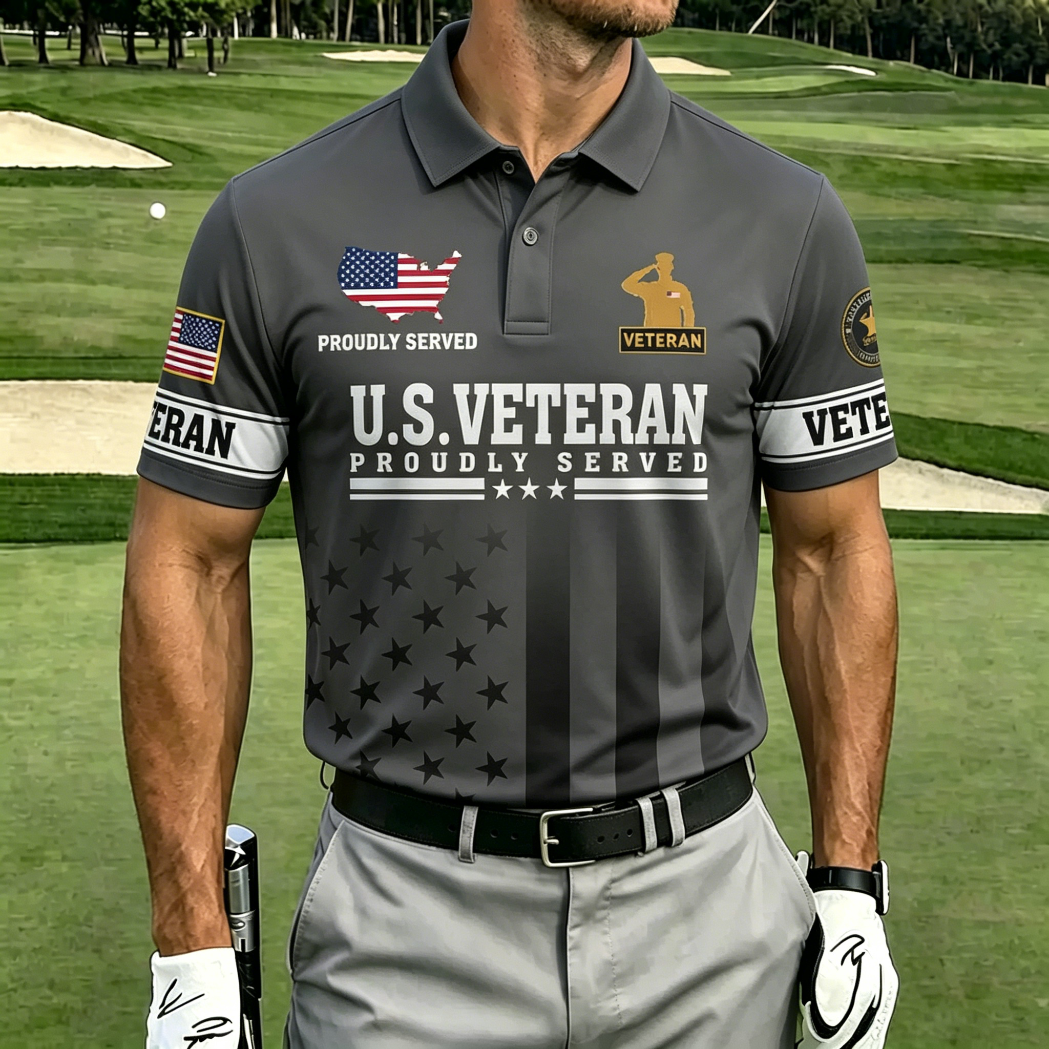U.S. Veteran Proudly Served Patriotic Golf Polo Shirt | American Flag Star Stripe Short Sleeve Polo for Men