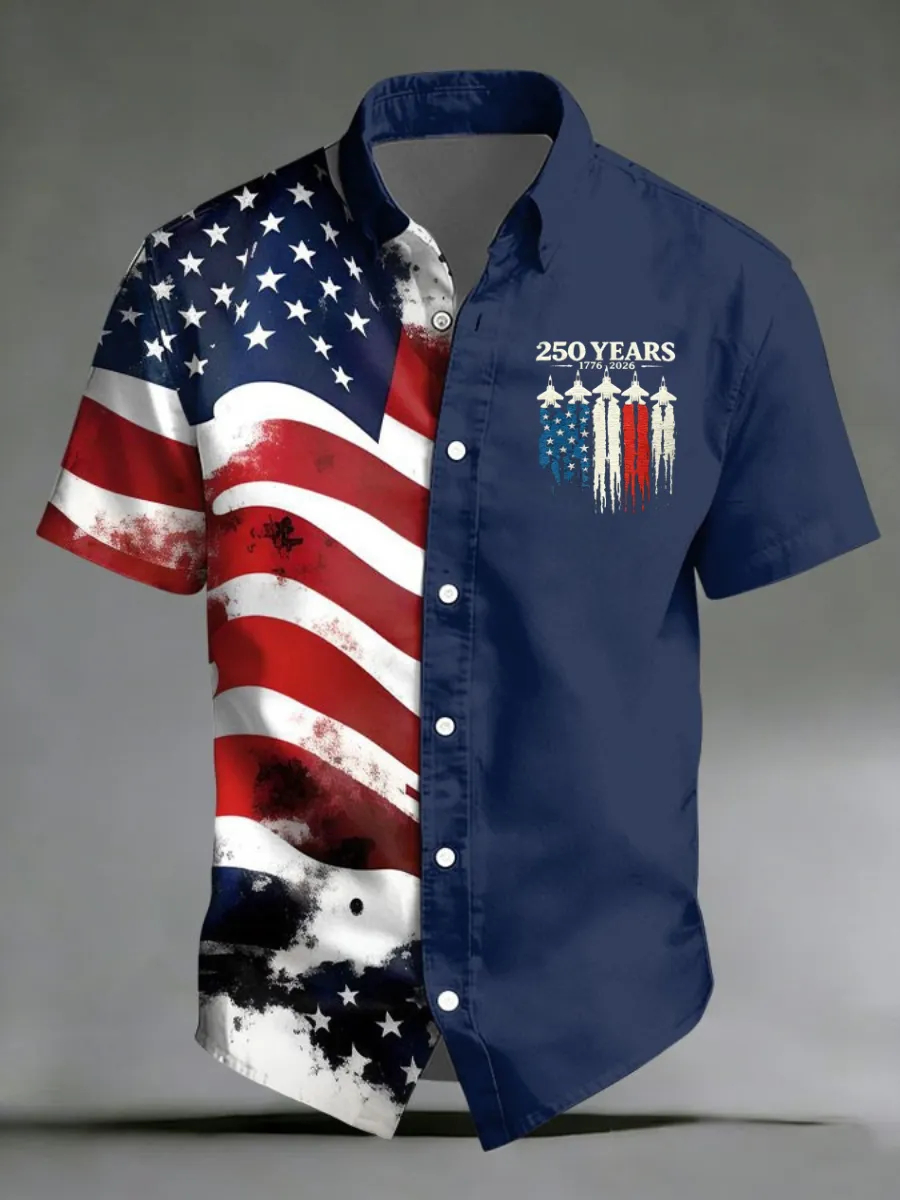 Patriotic USA Flag & Jet Print Casual Shirt, Vintage Split Design Short Sleeve Top