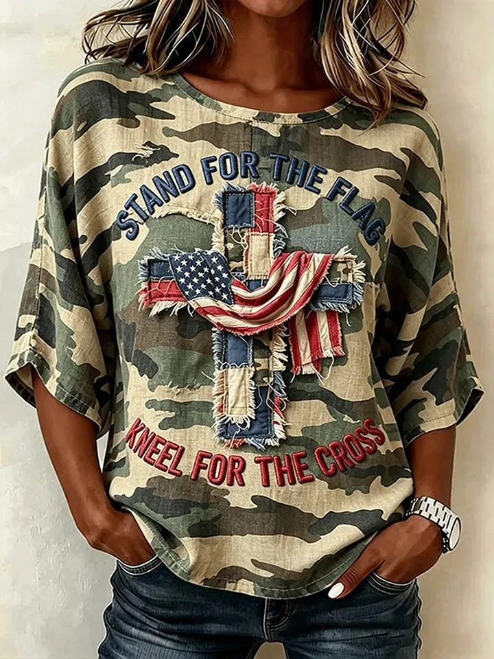 Stand For The Flag Kneel For The Cross Camo T-Shirt USA Flag Cross Graphic Tee