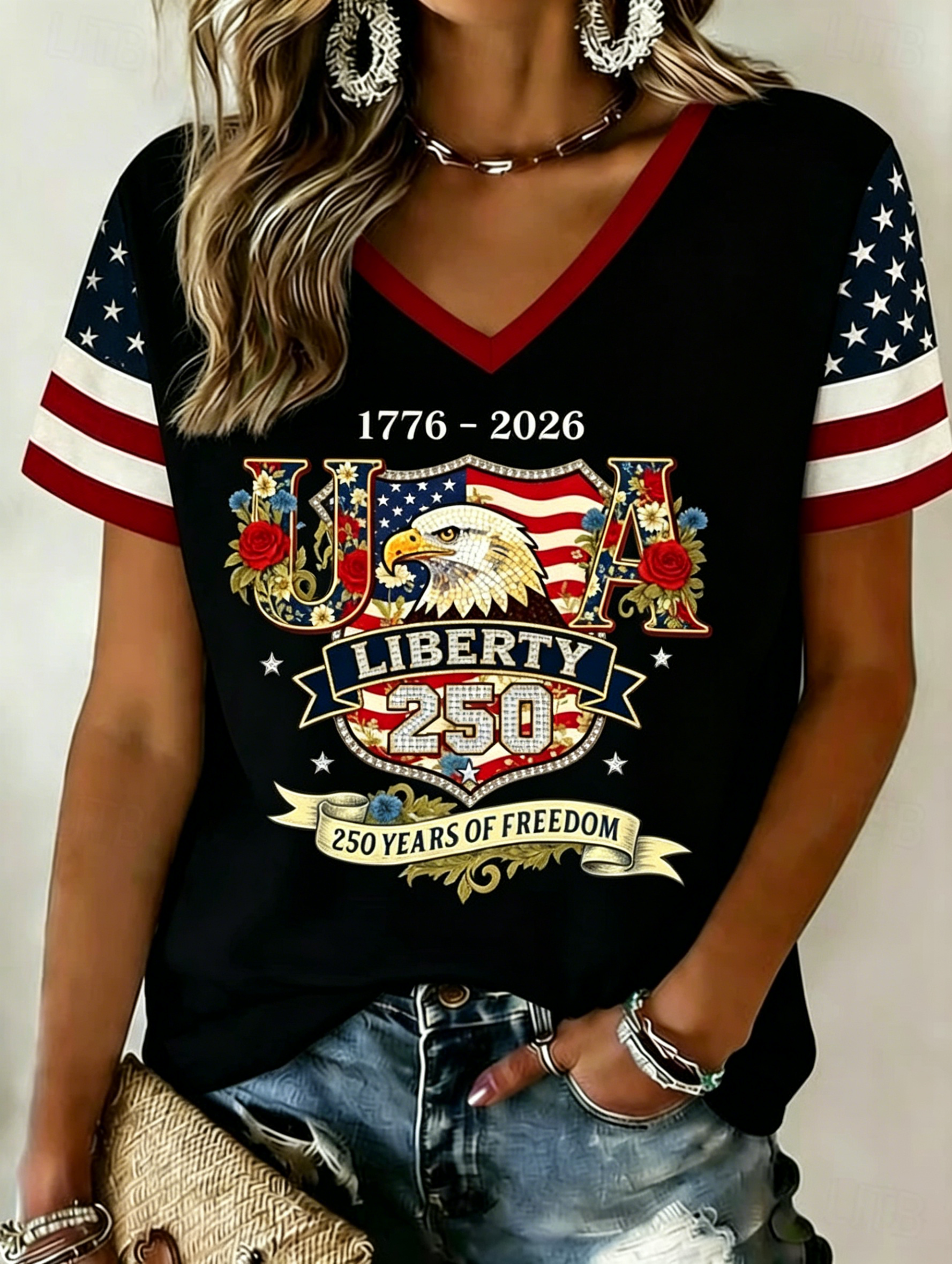 Floral USA Eagle Patriotic V-Neck T-Shirt, Independence Day Short Sleeve Top