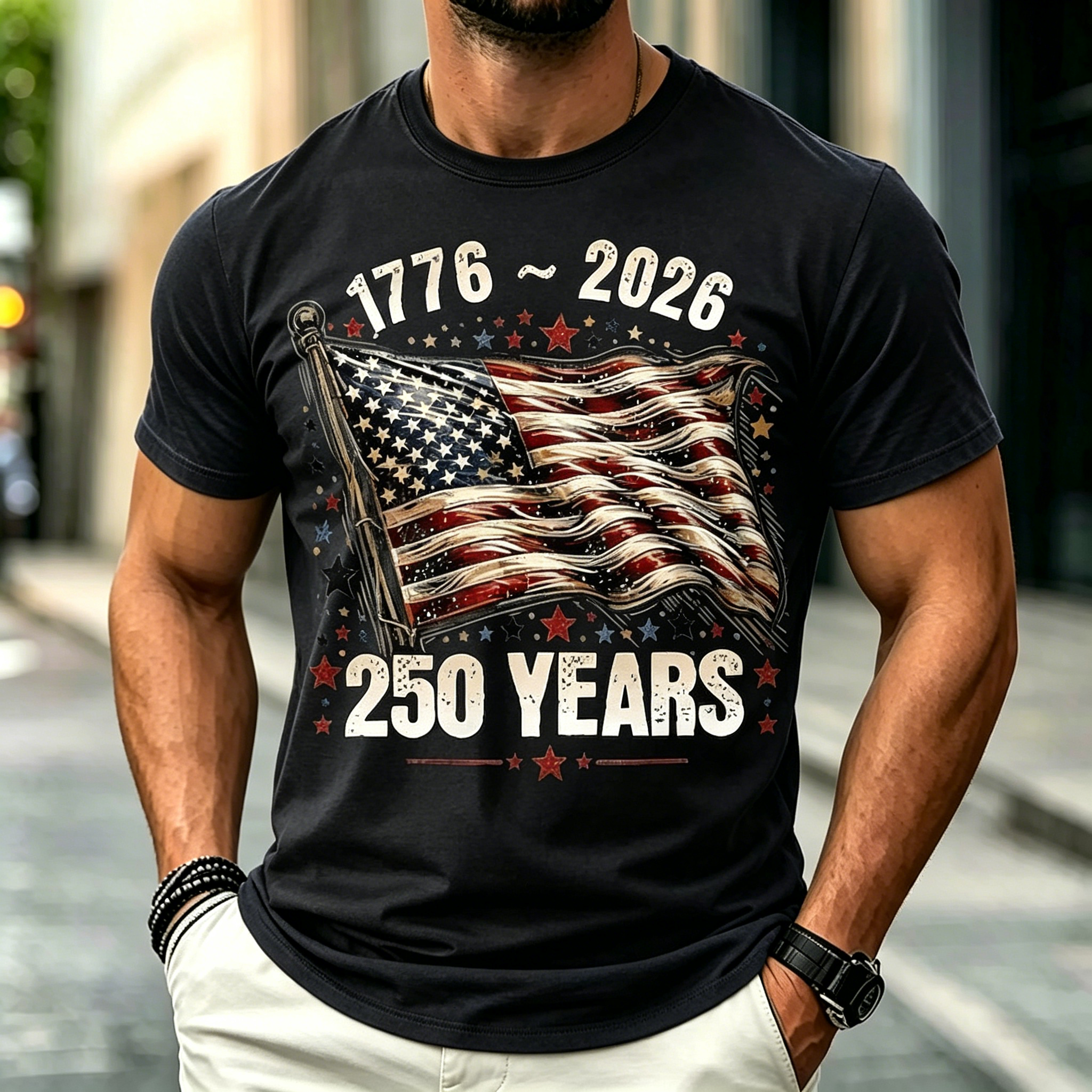 USA 250 Years Patriotic Flag Print Short Sleeve Crew Neck T-Shirt