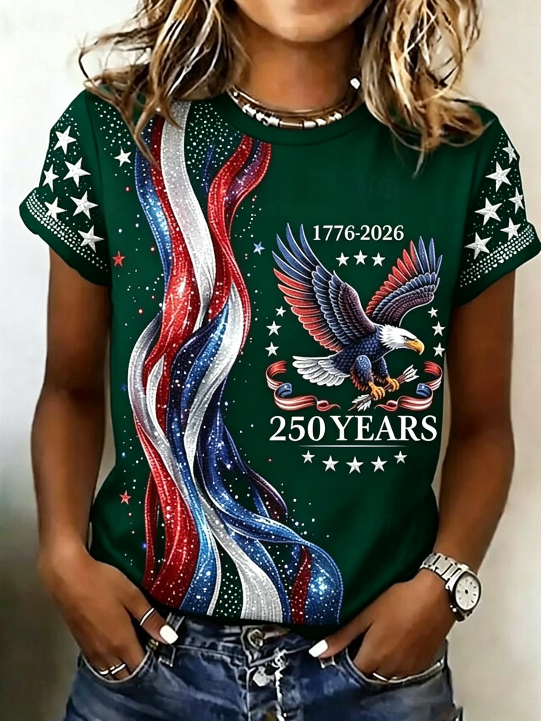 Women’s Patriotic Eagle & Flag Print T-Shirt, 250th Anniversary Top, Multiple Colors Available