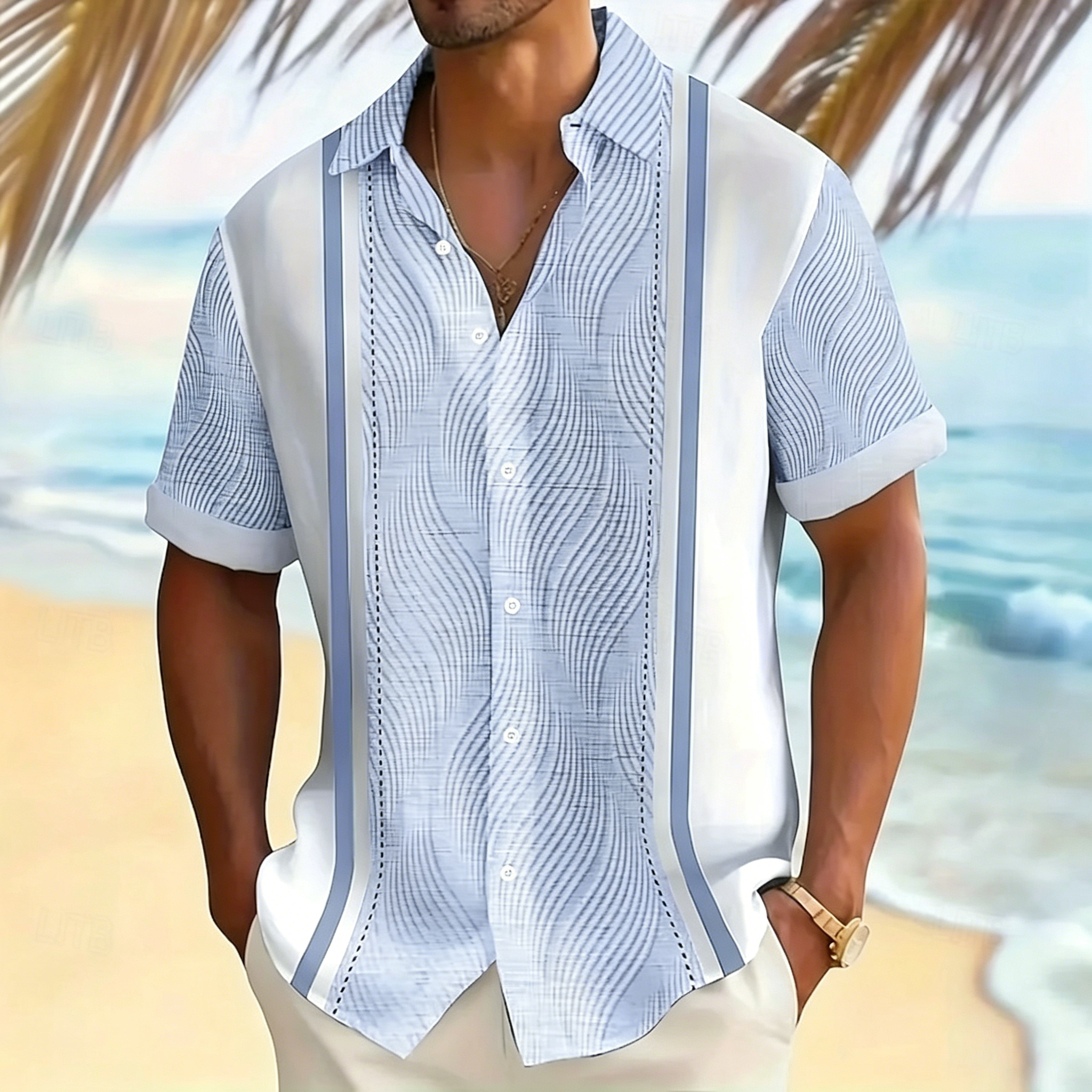 Retro Beachwear Vertical Stripe Textured Casual Shirt, Loose Fit Summer Short Sleeve Blouse