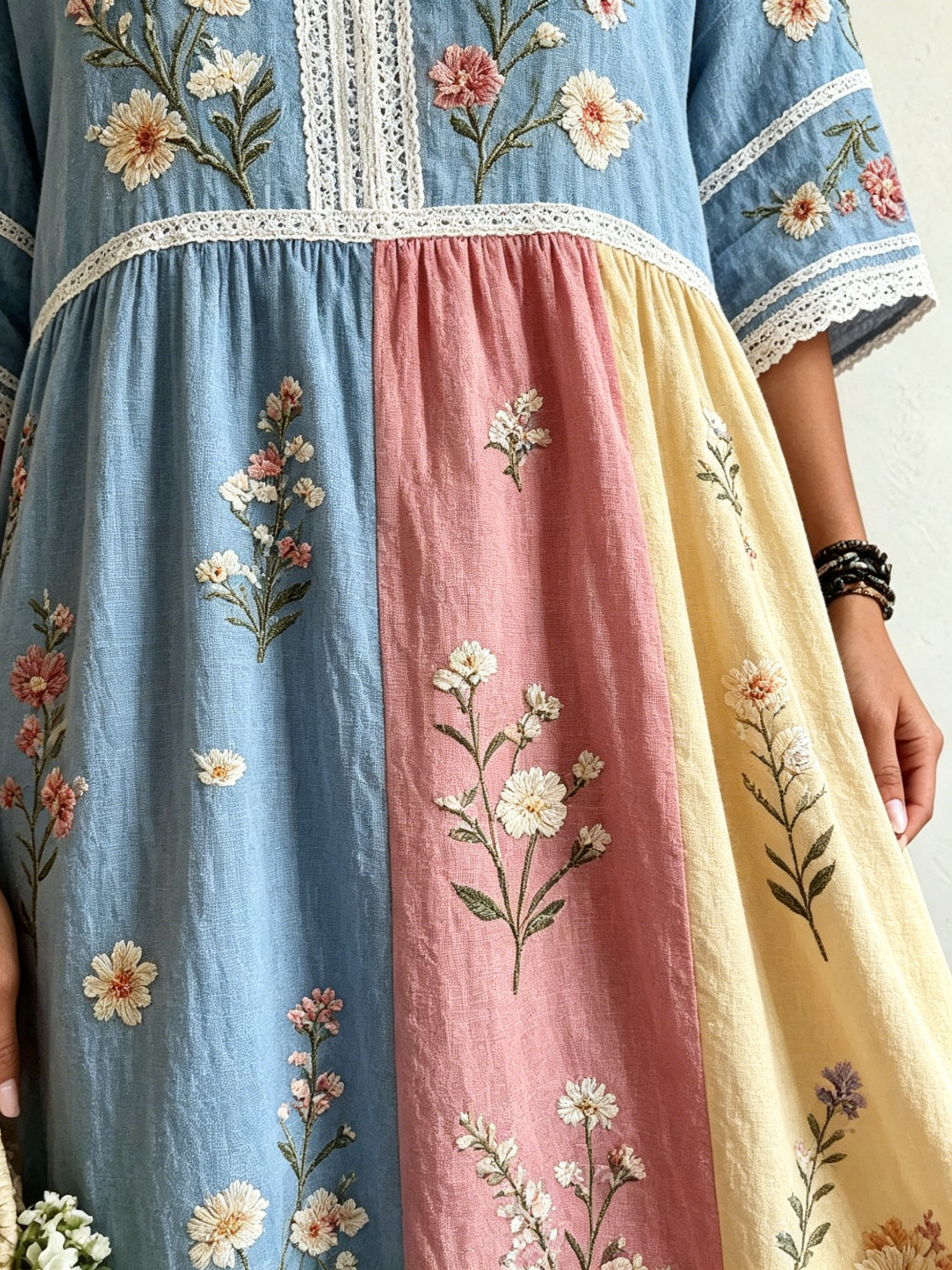 Women Relaxed Fit Lace Trim V-Neck Floral Print Vacation Maxi Dress