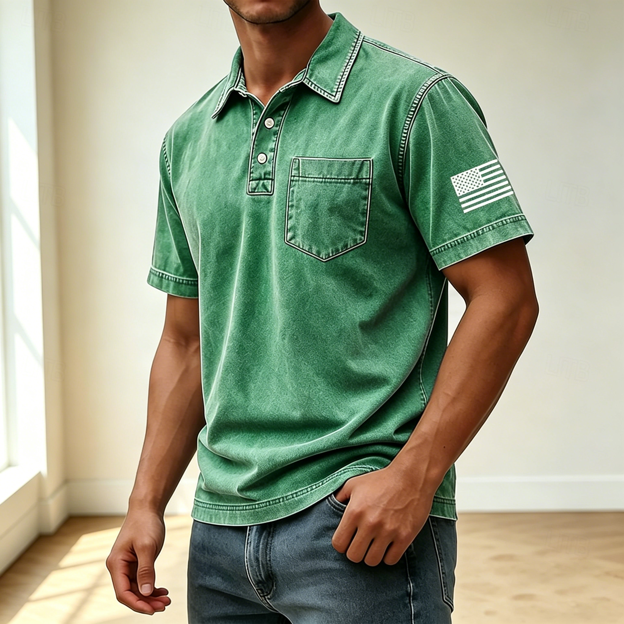Men Vintage Washed Short Sleeve Pocket Polo Shirt with Sleeve Flag Print