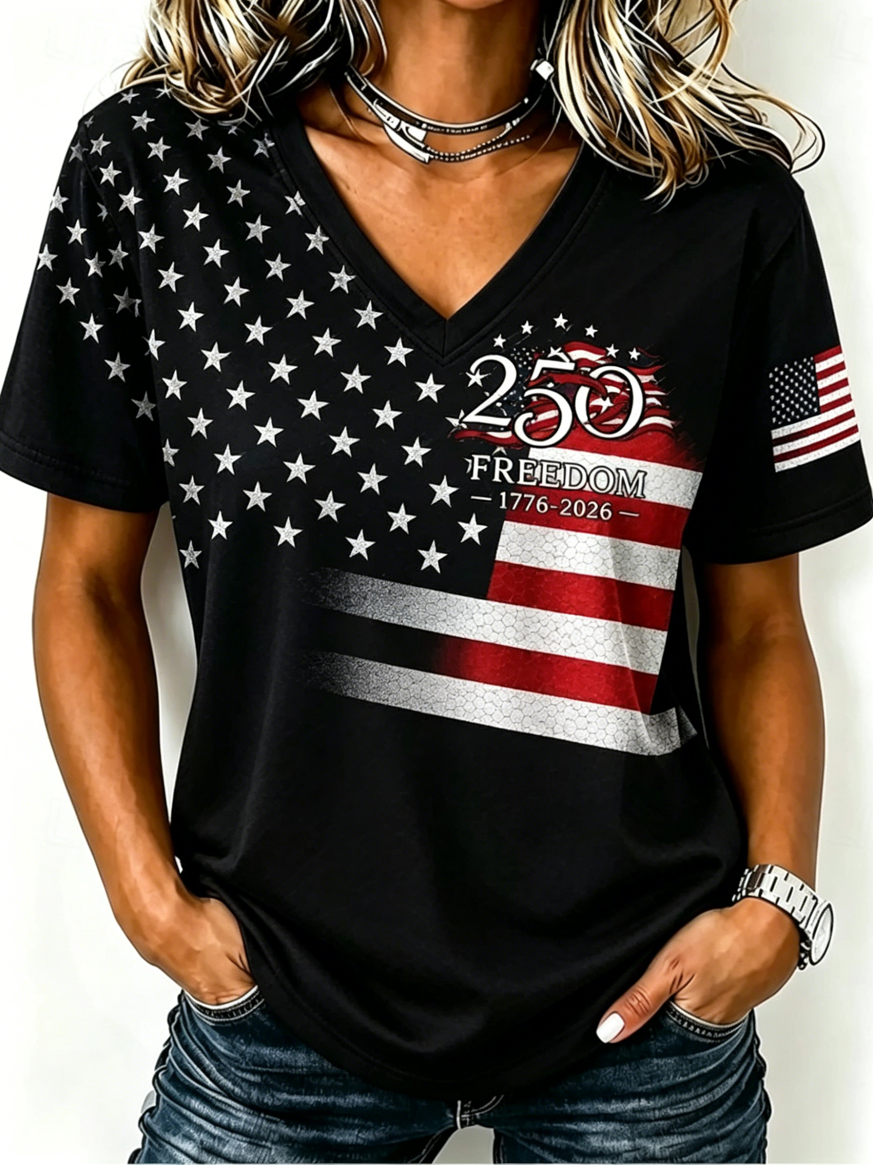 Retro USA Flag Graphic V Neck T Shirt Women Patriotic Short Sleeve Casual Top