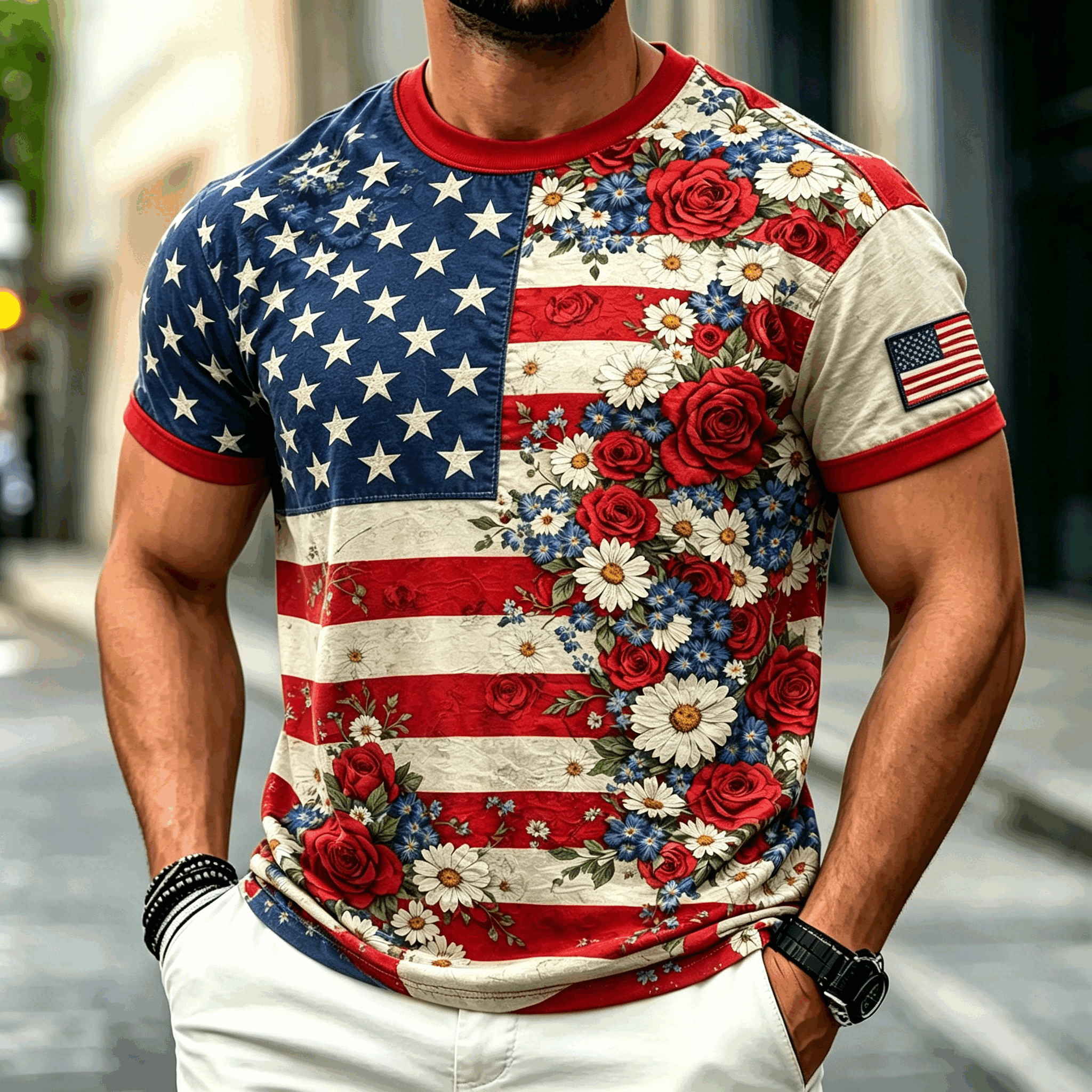 Patriotic Star Stripe Floral USA Flag Print Men Crew Neck Casual Summer Tee