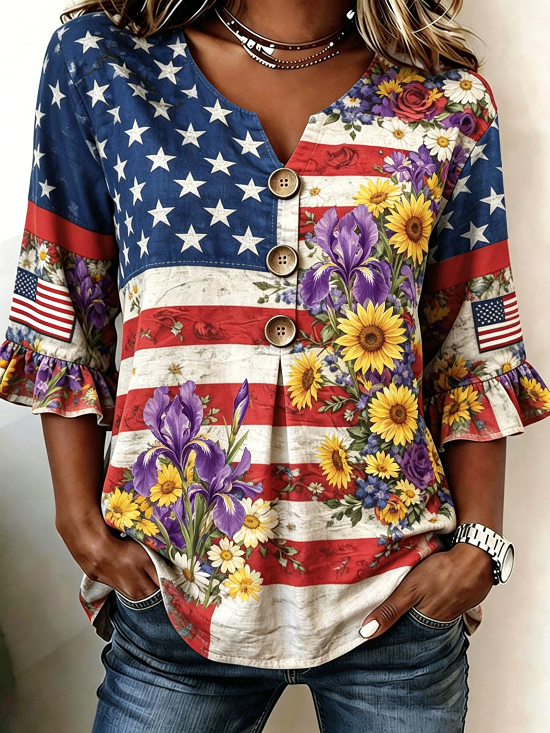 Summer Patriotic Floral Ruffle Sleeve Loose Fit Women Top
