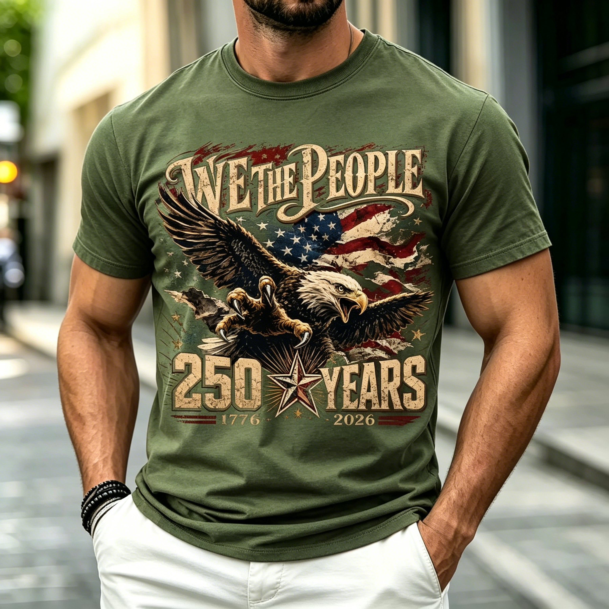 Men We The People Eagle American Flag Patriotic Short Sleeve Crew Neck Casual T-Shirt