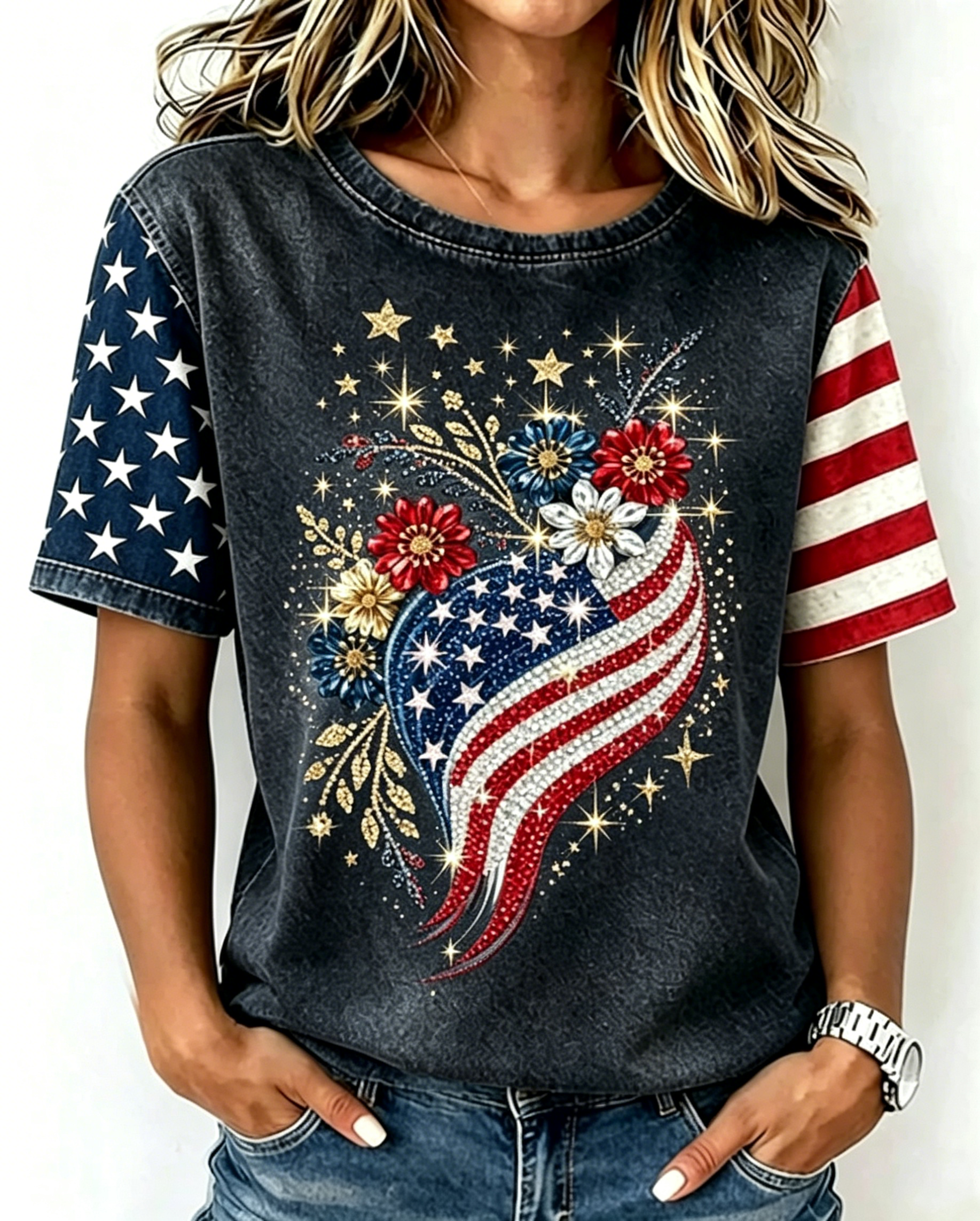 Retro Washed American Flag Star Stripe Patchwork Short Sleeve Graphic T-Shirt