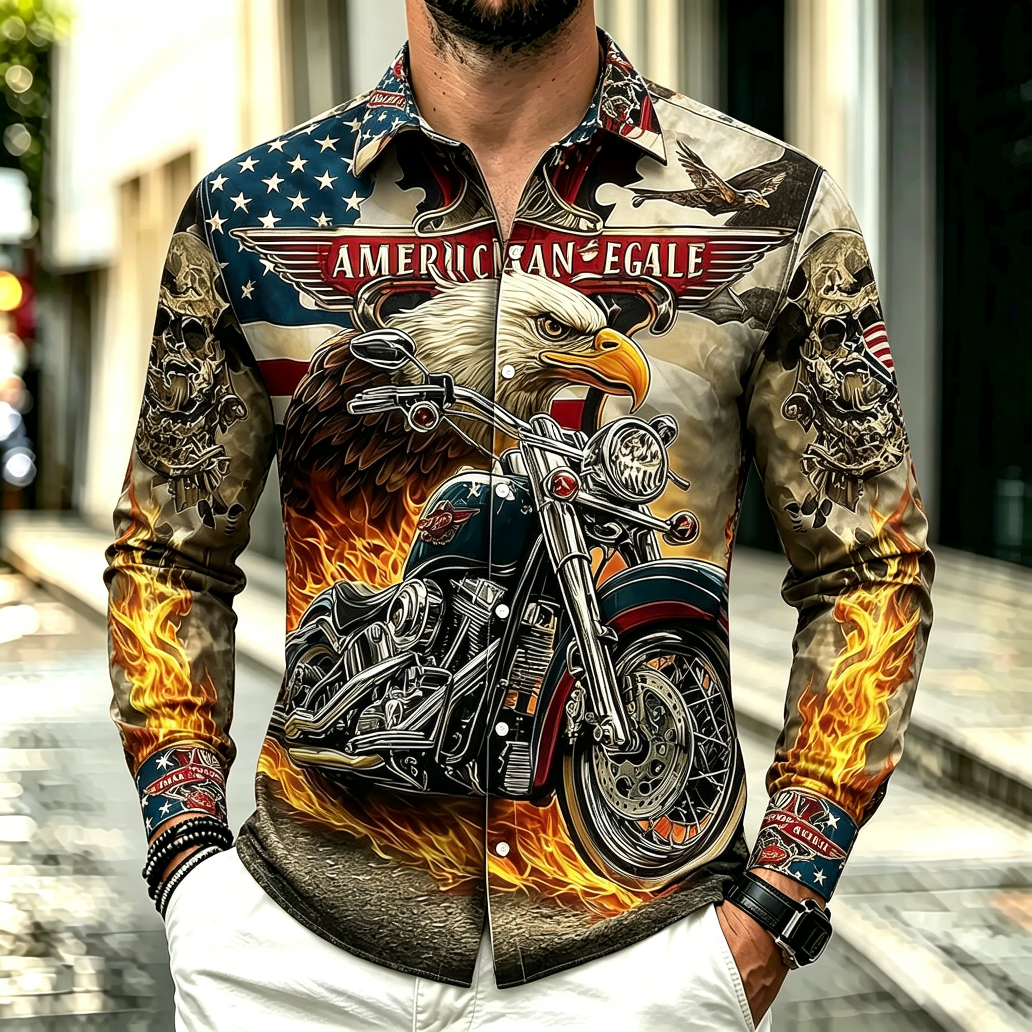 Western Biker Style Eagle Flag Flame Skull Long Sleeve Casual Dress Shirt