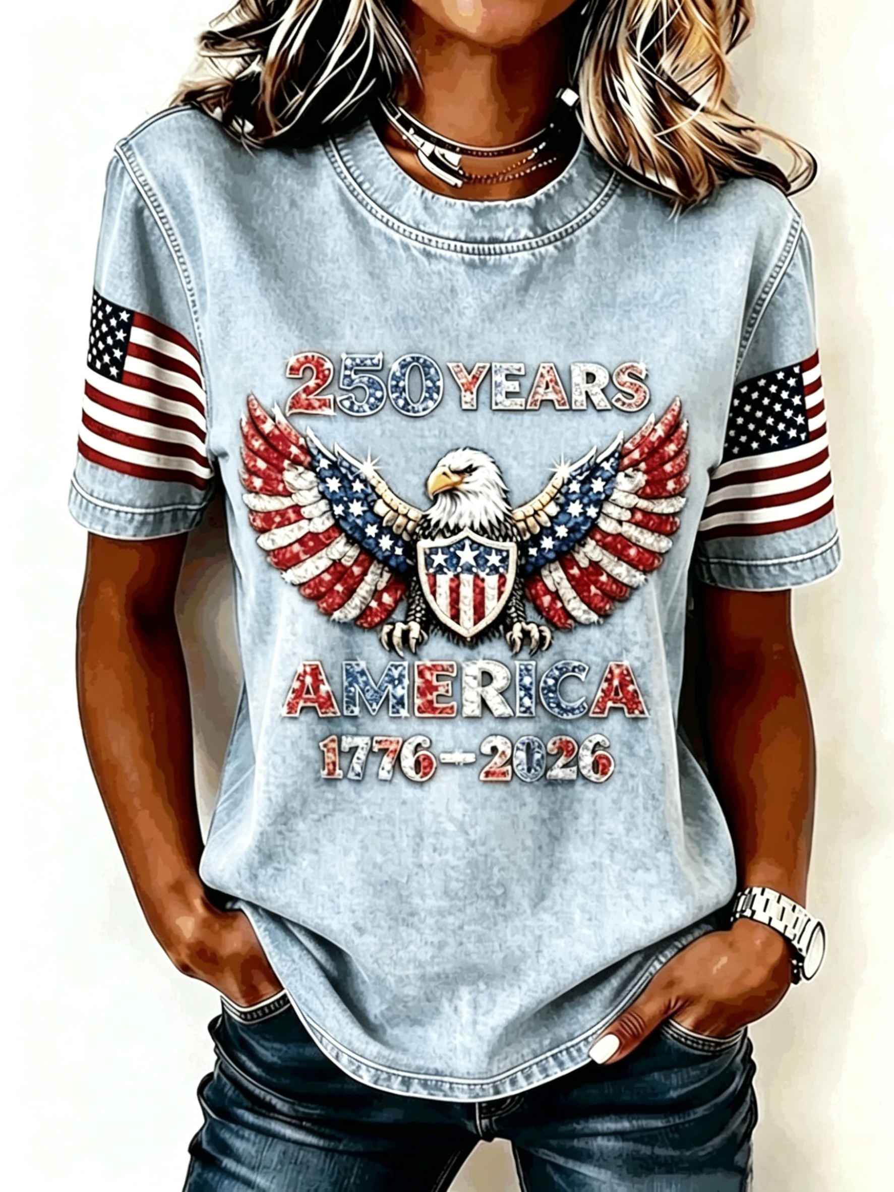 Distressed Denim Style Patriotic Eagle Wing Print Ladies Loose Fit Curved Hem Top