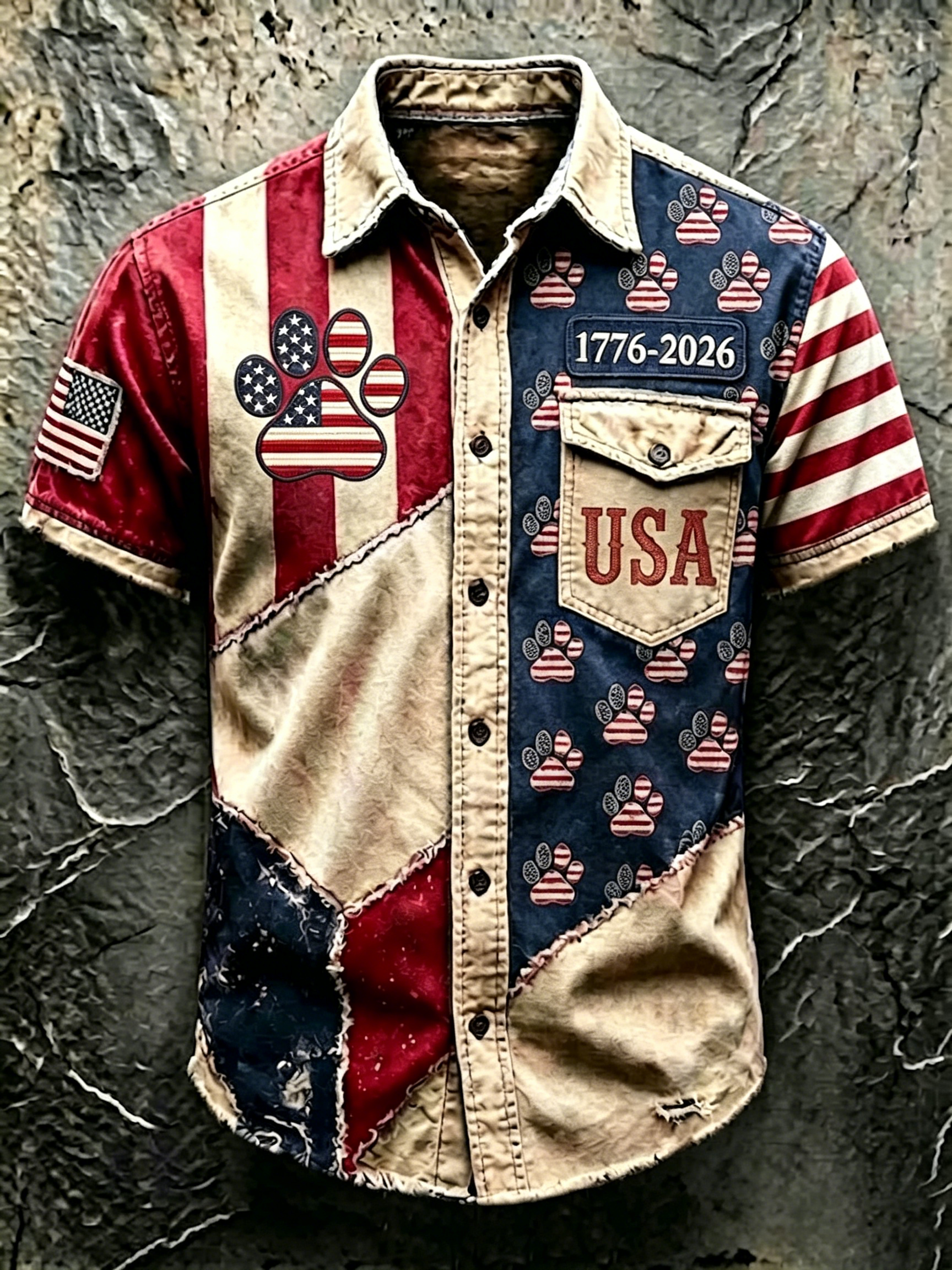 Vintage Wash Distressed Patchwork Short Sleeve Shirt American Flag Paw Graphic Lapel Button Down Casual Top For Men