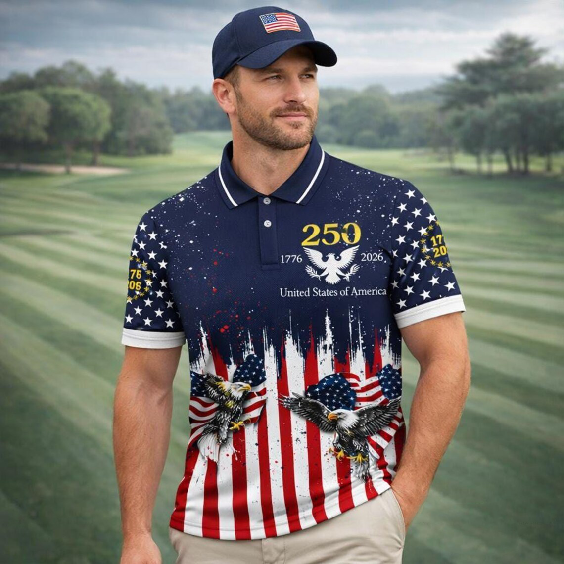 250th Anniversary USA Polo Shirt, Patriotic American Flag Eagle Golf Shirt