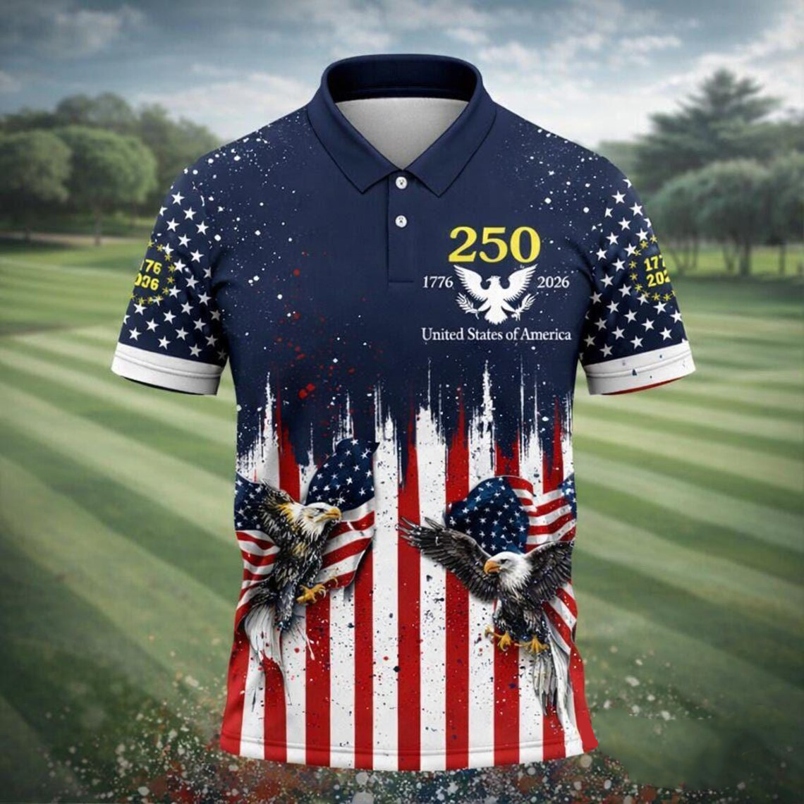 250th Anniversary USA Polo Shirt, Patriotic American Flag Eagle Golf Shirt