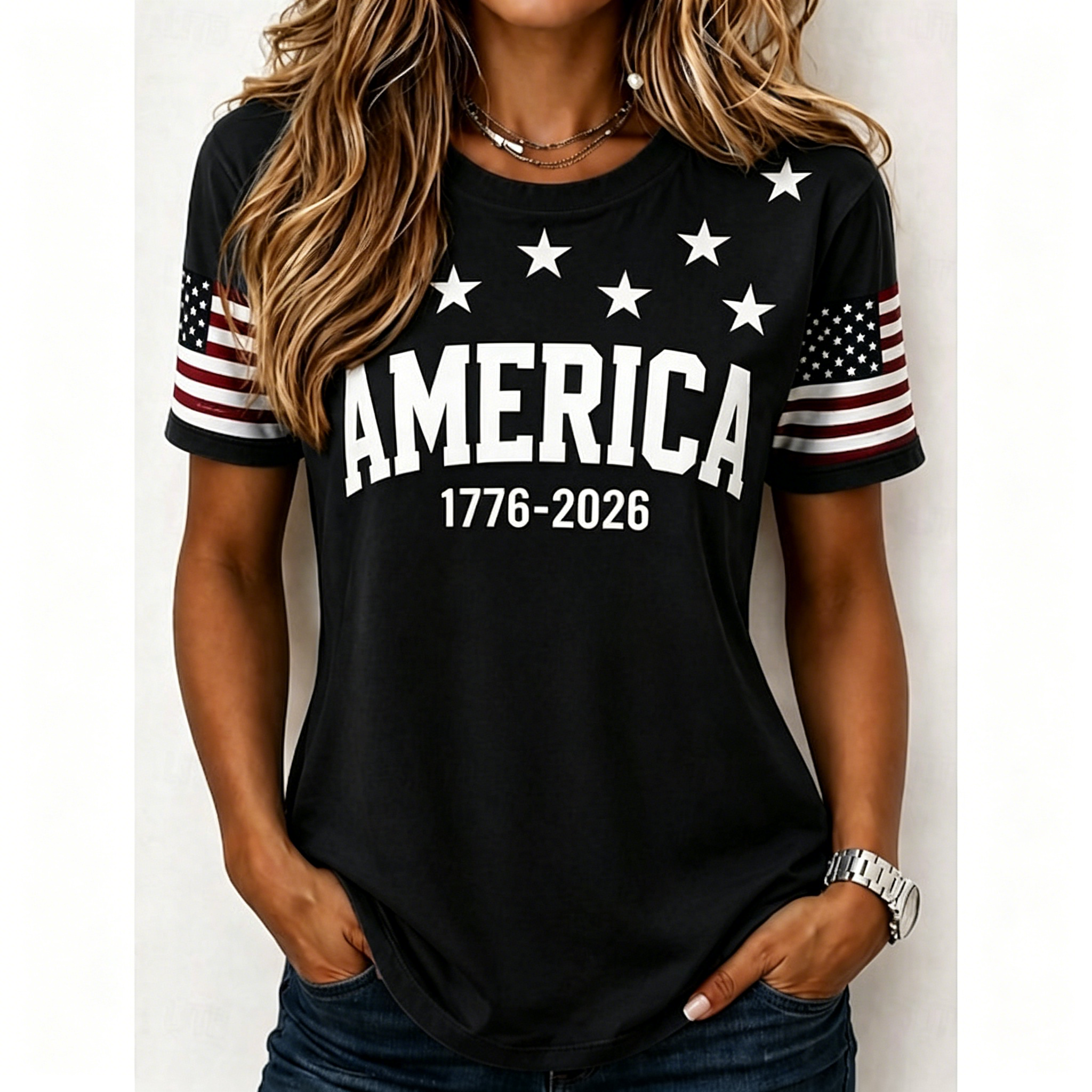 Independence Day American Flag Sleeve Crew Neck Tee