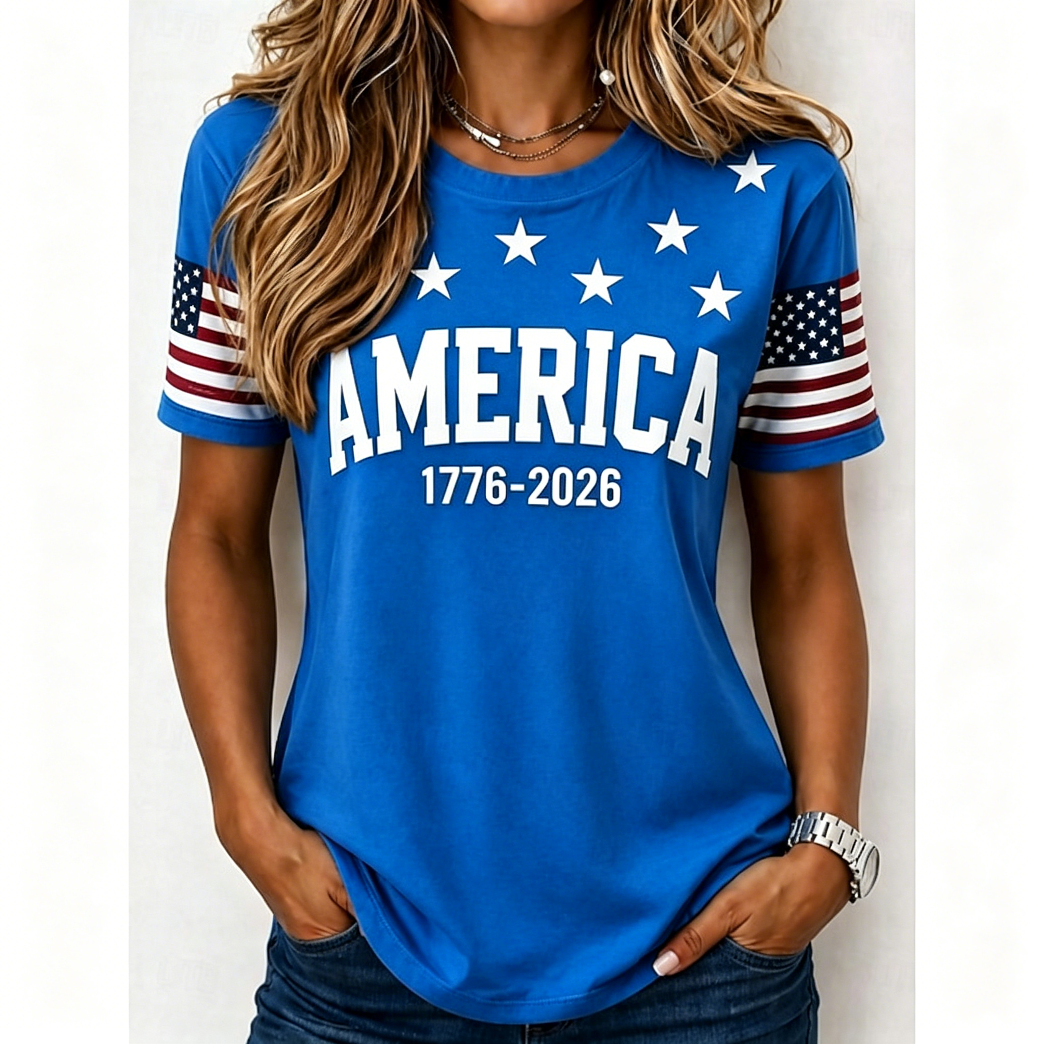 Independence Day American Flag Sleeve Crew Neck Tee