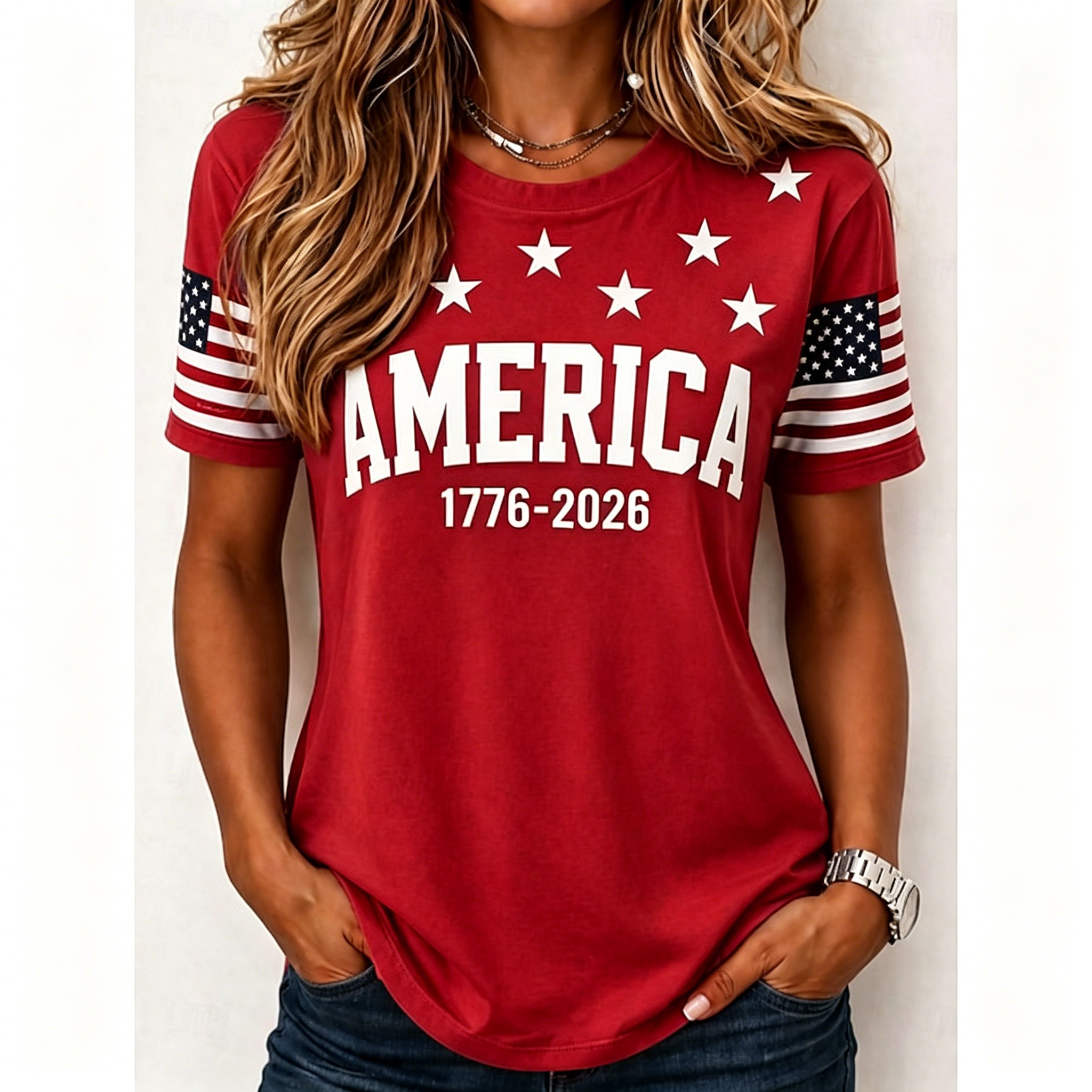 Independence Day American Flag Sleeve Crew Neck Tee