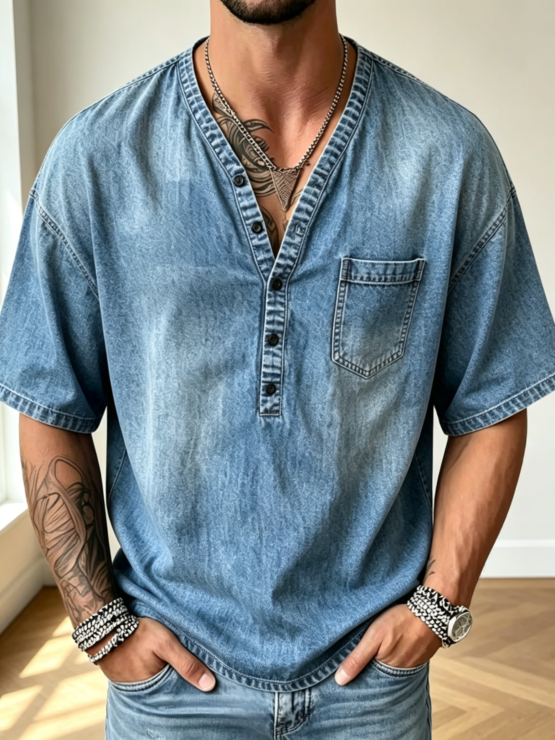 Outdoor Daily Casual Distressed Denim Pocket Henley Short Sleeve Shirt For Men