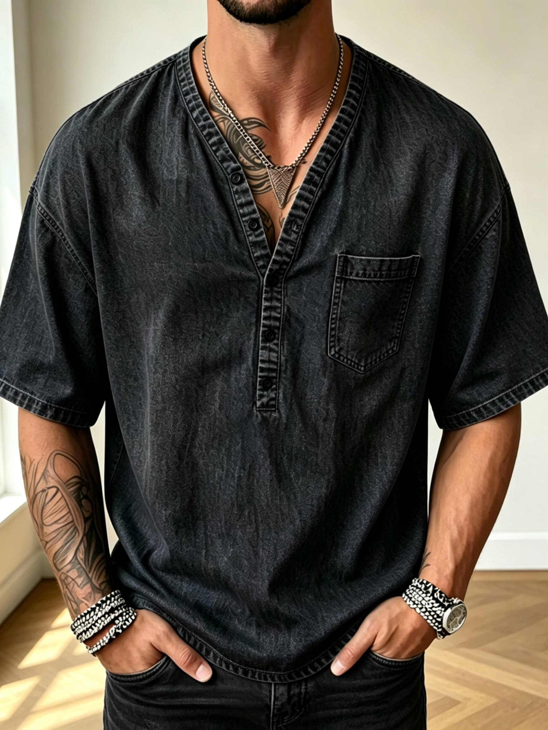 Outdoor Daily Casual Distressed Denim Pocket Henley Short Sleeve Shirt For Men