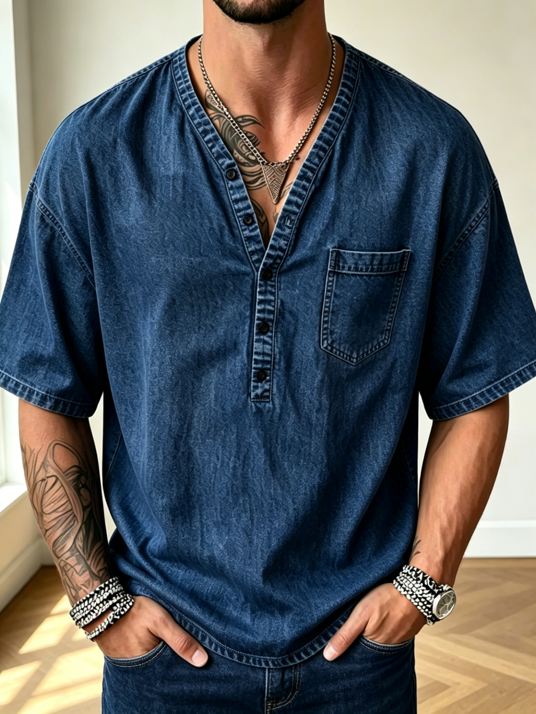 Outdoor Daily Casual Distressed Denim Pocket Henley Short Sleeve Shirt For Men