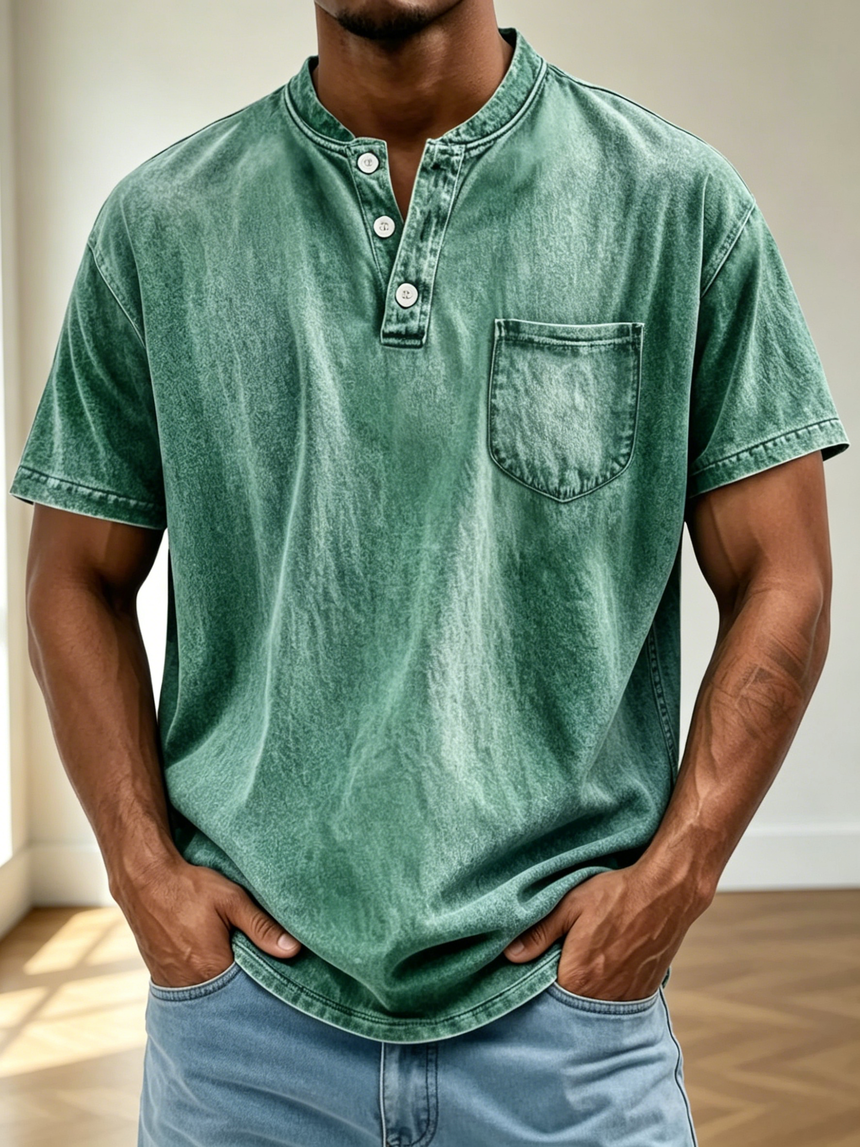 Men Vintage Acid Wash Short Sleeve Henley T-Shirt With Chest Pocket