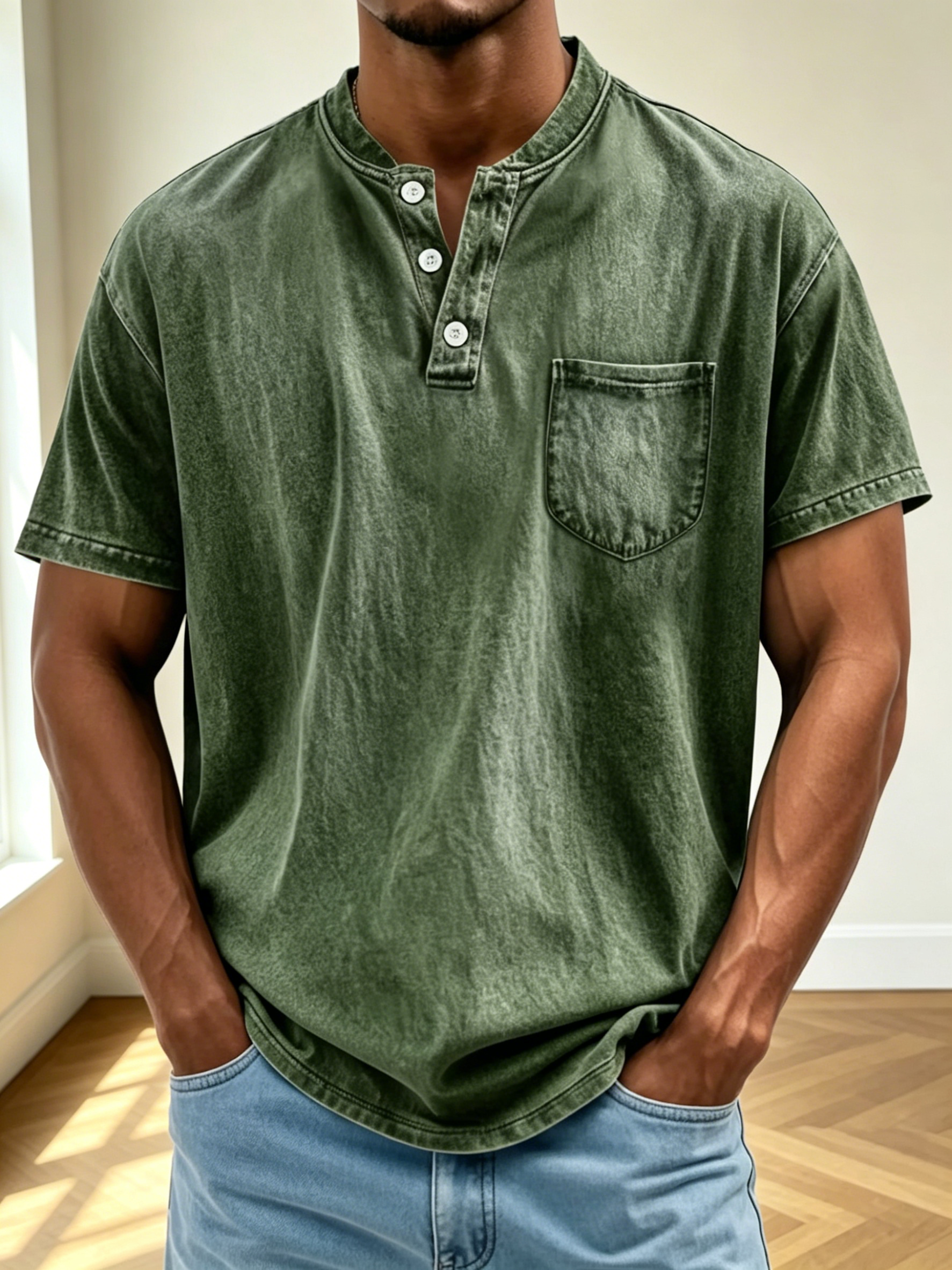 Men Vintage Acid Wash Short Sleeve Henley T-Shirt With Chest Pocket