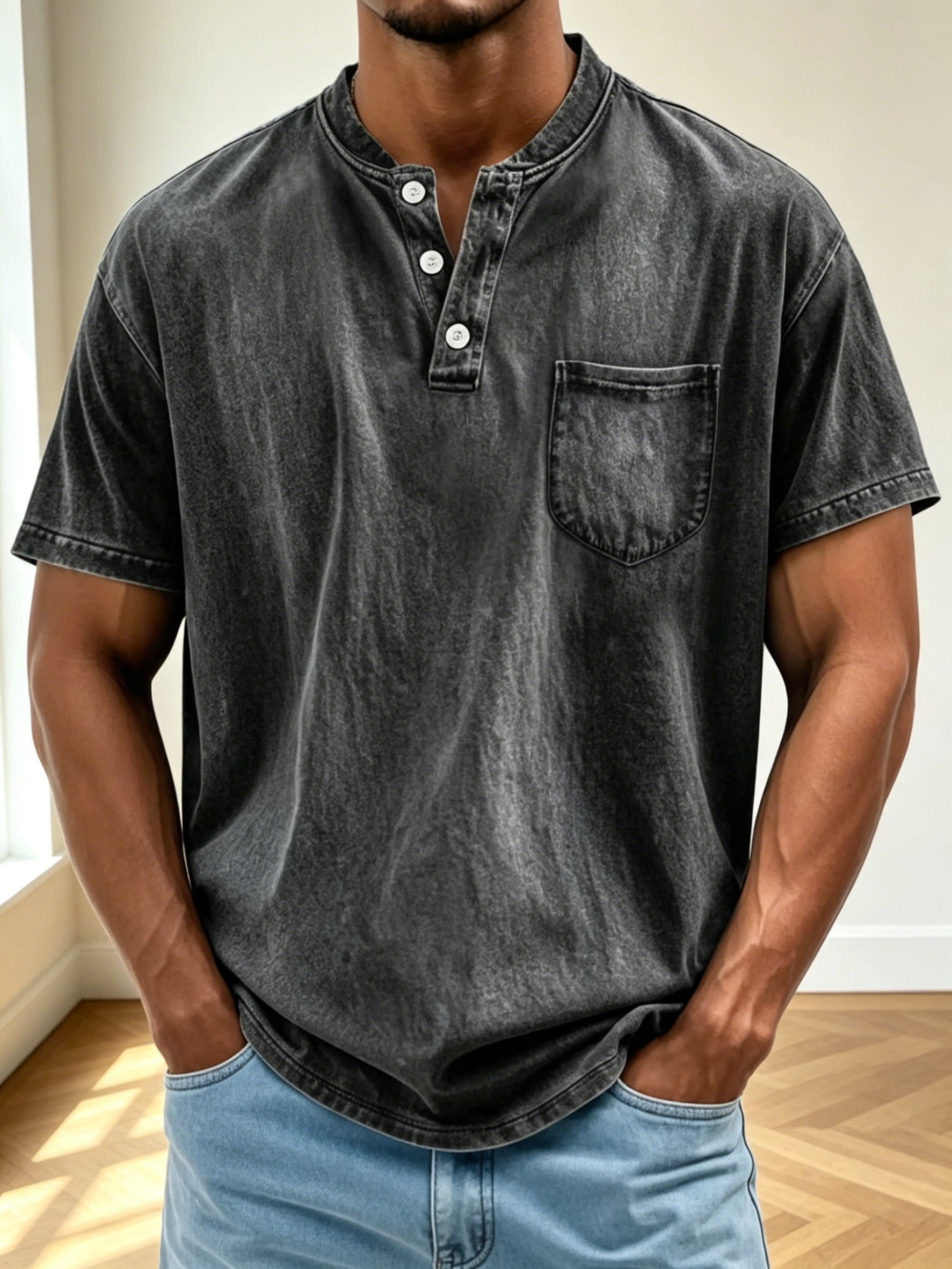 Men Vintage Acid Wash Short Sleeve Henley T-Shirt With Chest Pocket
