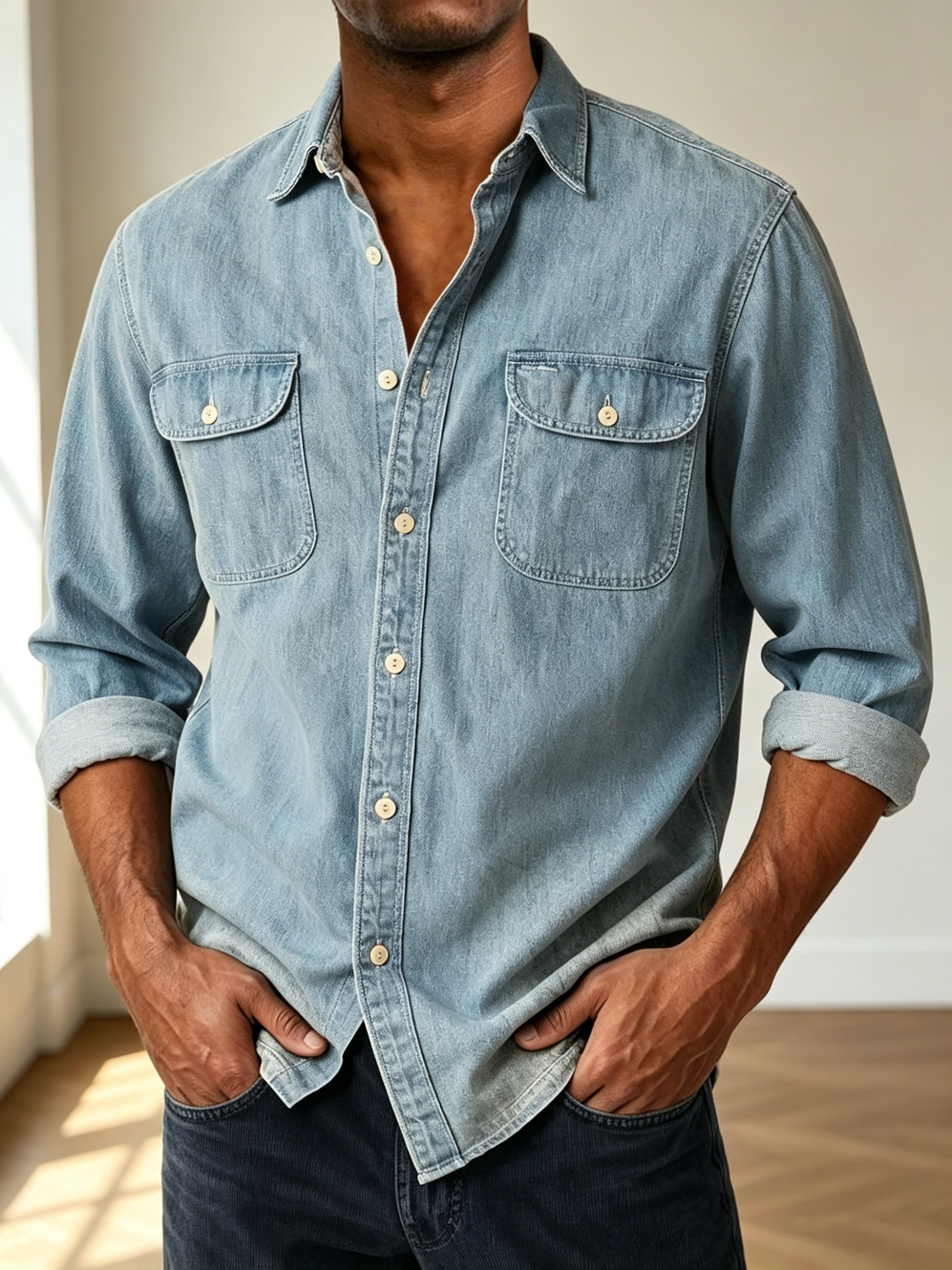 Men Long Sleeve Two Pocket Denim Button Down Shirt