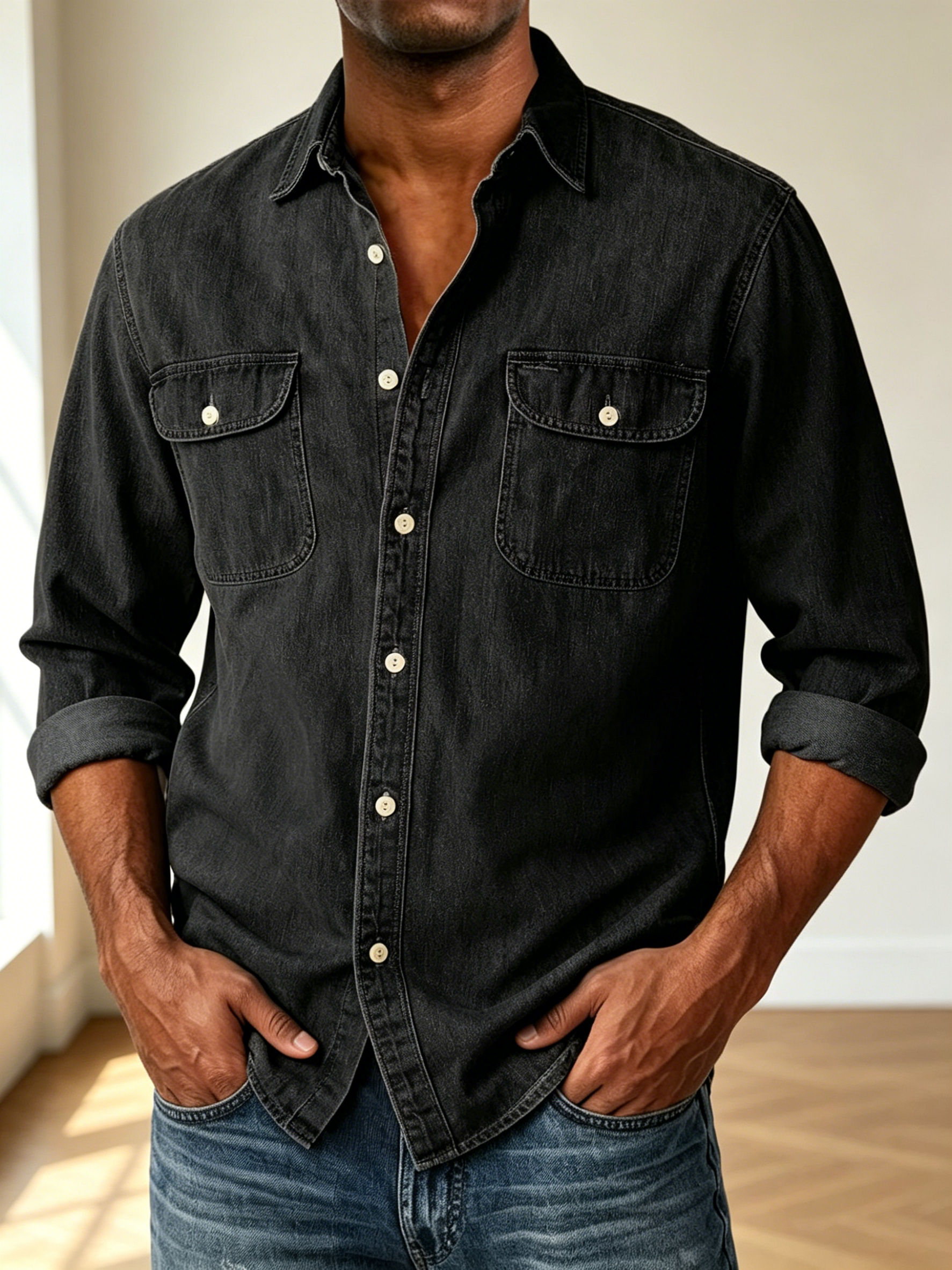 Men Long Sleeve Two Pocket Denim Button Down Shirt